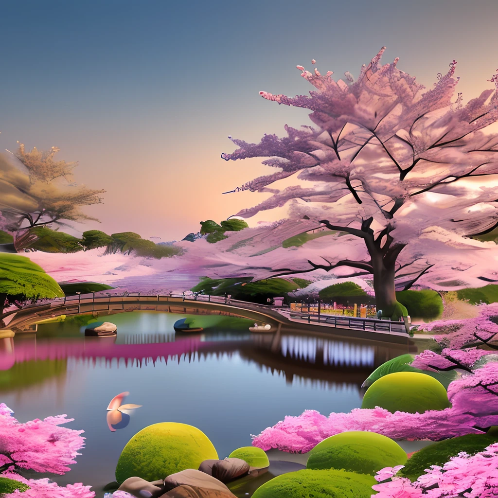 (digital painting),(best quality), serene Japanese garden, cherry blossoms in full bloom, koi pond, footbridge, pagoda, Ukiyo-e art style, Hokusai inspiration, Deviant Art popular, 8k ultra-realistic, pastel color scheme, soft lighting, golden hour, tranquil atmosphere, landscape orientation