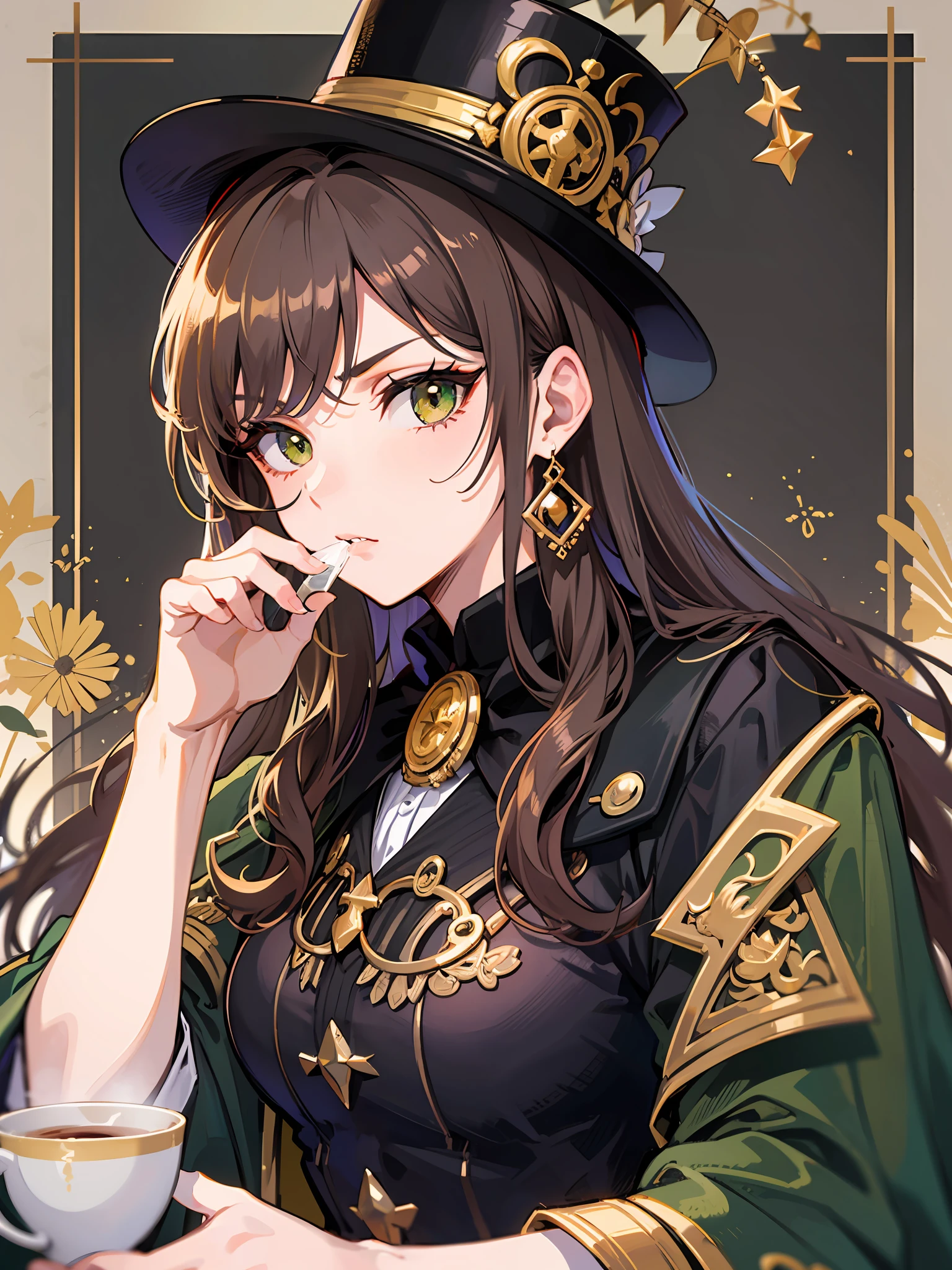brownhair，green eye，Black coat，Gold monocle，drinking tea，In London，serious，shojo，Black top hat