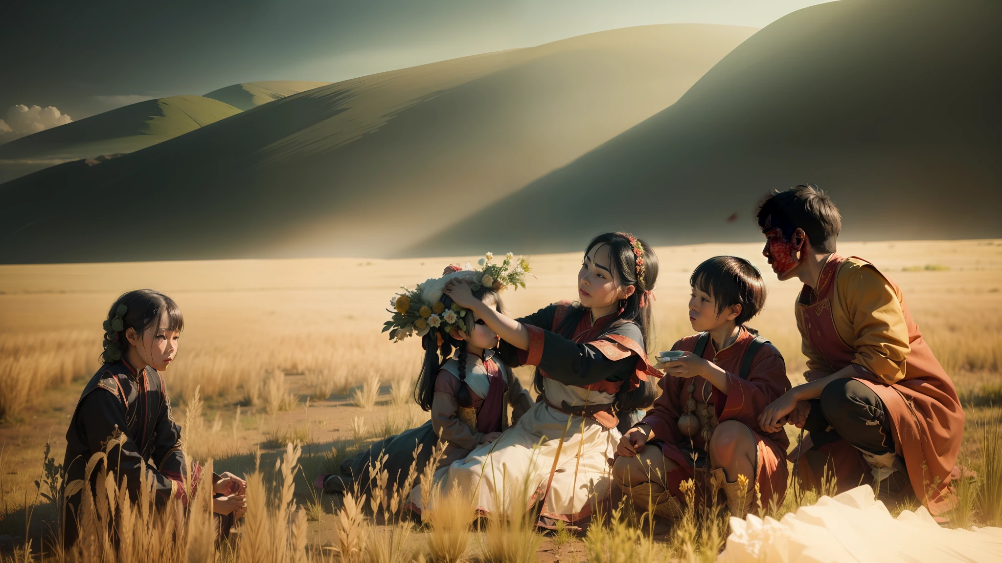 Green meadow ,Mongolian family,Mongolian costume,Anaglyph,Realisticstyle,modernistic,romanticism,Expressionism,Verism,light and shade contrast,cinematic Lighting,UHD,High Details,8k,best qality,The focus is on the people