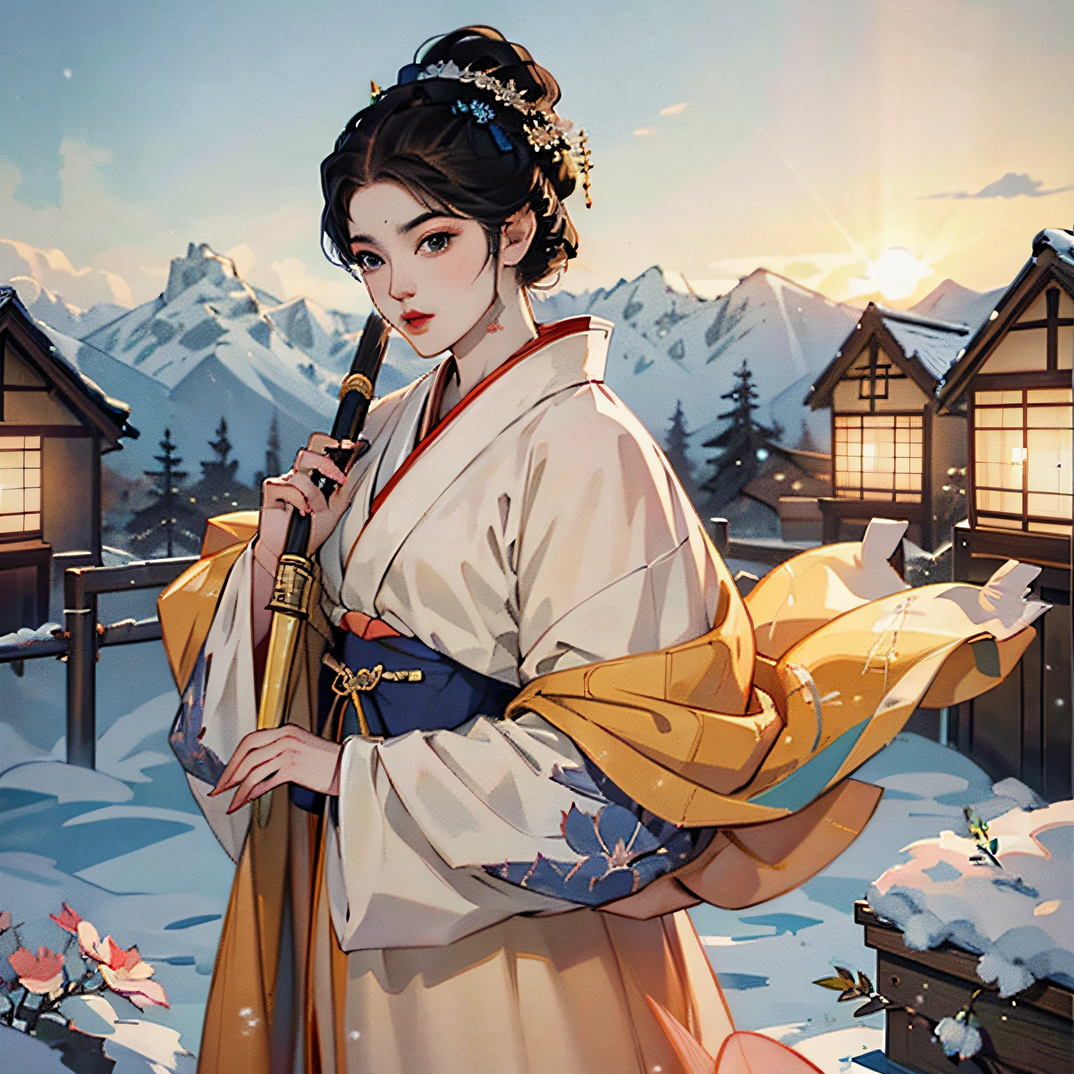 garota samurai segurando katana, cabelos brancos, estilo anime, arte  japonesa, frigid winter countryside bright sunrise, full hd, super realista --auto