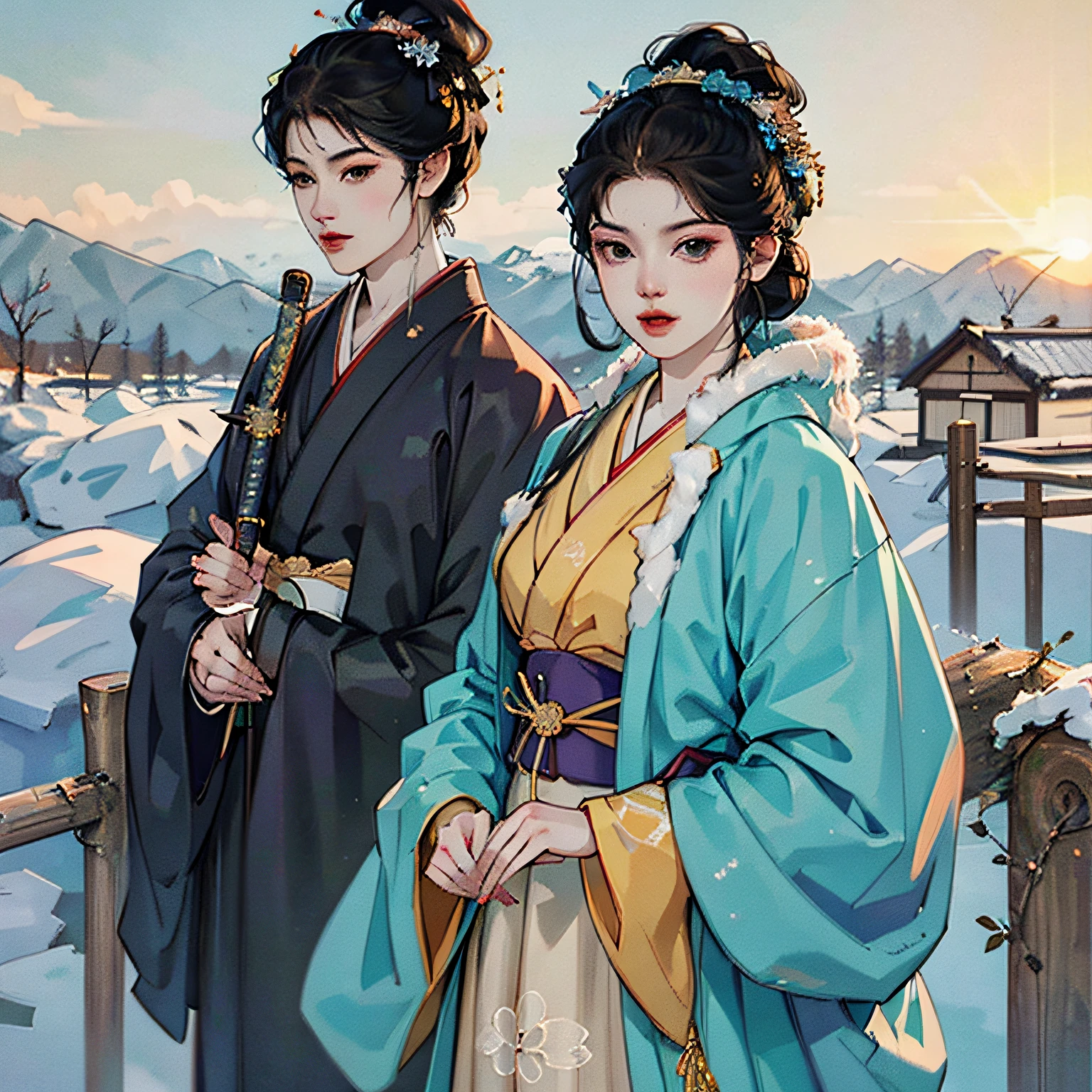garota samurai segurando katana, cabelos brancos, estilo anime, arte japonesa, frigid winter countryside bright sunrise, full hd, super realista --auto
