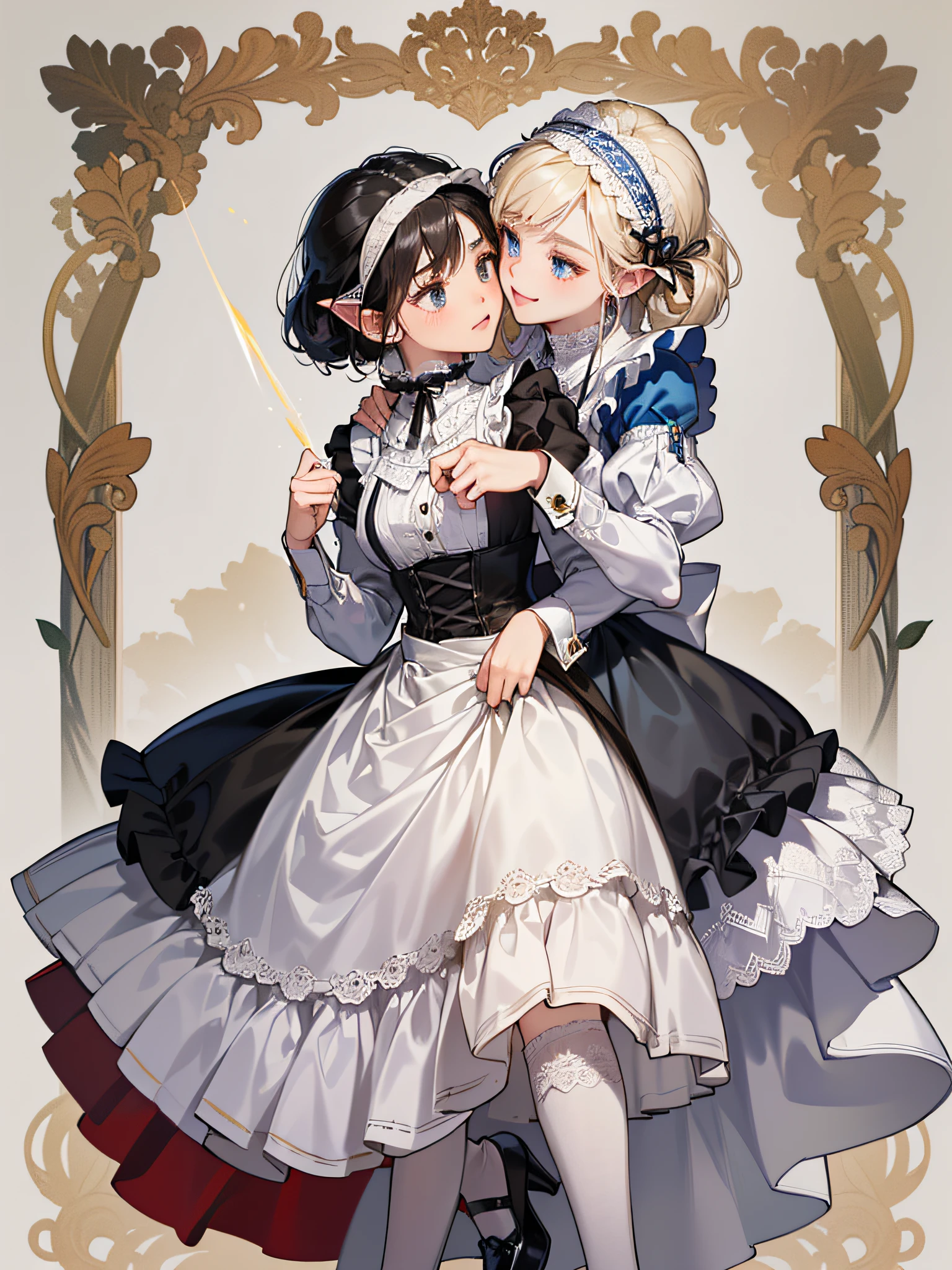 Two Elven Girls, Elf Girl 2 hugging Elf Girl 1 from behind, 
Elf Girl 1(FULLBODY, platinum blonde,Twin tail, Blue Eyes, With a look tinged with joy, Maid clothes in a long dress in solid black(LONG SLEEVES, puff sleeves, White cuffs with sleeves, 1 black button on cuffs, The collar is white, Skirts with a length up to the heel), White Long Apron Dress(Apron with breastplate, Length to the hem of the skirt, Shoulder buttons, White lace ruffles at shoulder straps, Big ribbon knot at the back), Red Ascot Thailand,Head headband with white lace ruffles, white stockings, White panniers(The hem of the pannier is lace), Black enameled shoes(highheels)),
Elf Girl 2(FULLBODY, BLACK HAIR, ponytails, Close your eyes, Maid clothes in a long dark blue dress(LONG SLEEVES, puff sleeves, White cuffs with sleeves, 1 black button on cuffs, The collar is white, Skirts with a length up to the heel), White Long Apron Dress(Apron with breastplate, Length to the hem of the skirt, Shoulder buttons, White lace ruffles at shoulder straps, Big ribbon knot at the back), Red Ascot Thailand,Head headband with white lace ruffles, white stockings, White panniers(The hem of the pannier is lace), Black enameled shoes(highheels))),
Mucha style background with white lilies scattered