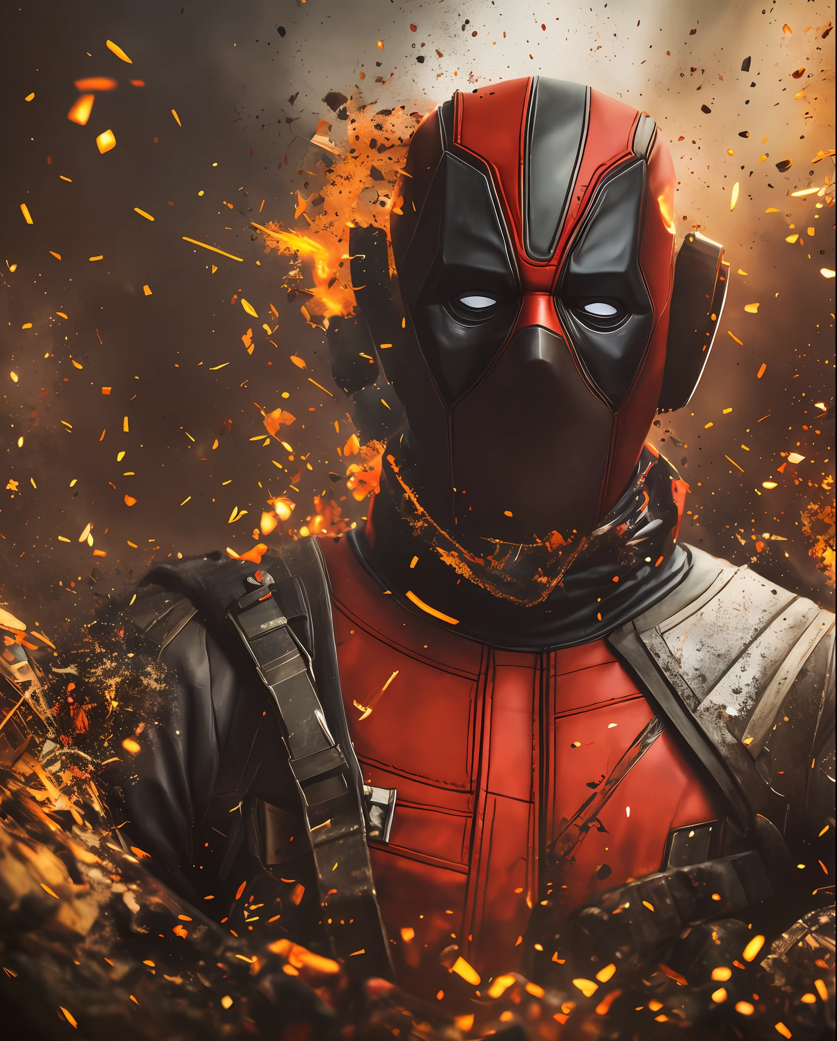 Daring Deadpool sits on a pile of debris, portrait, soft cinematic light, Adobe Lightroom, darkroom, HDR, intricate, highly detailed, (depth of field: 1.4), hyper-detail (artstation: 1.4), cinematic, warm light, dramatic light (complex details: 1.1)