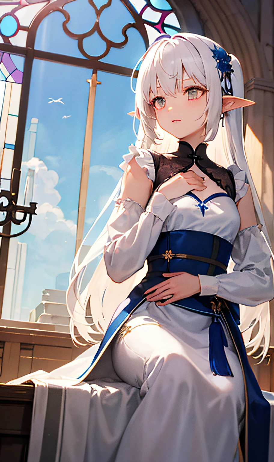 20岁女孩儿，Mature，Medieval white lace dress，Pointed Ears，Fluffy long white hair（To the chest）,hair bangs,Middle chest,slim,melancholic,adorableness，Churches，Flower windows，Twilight