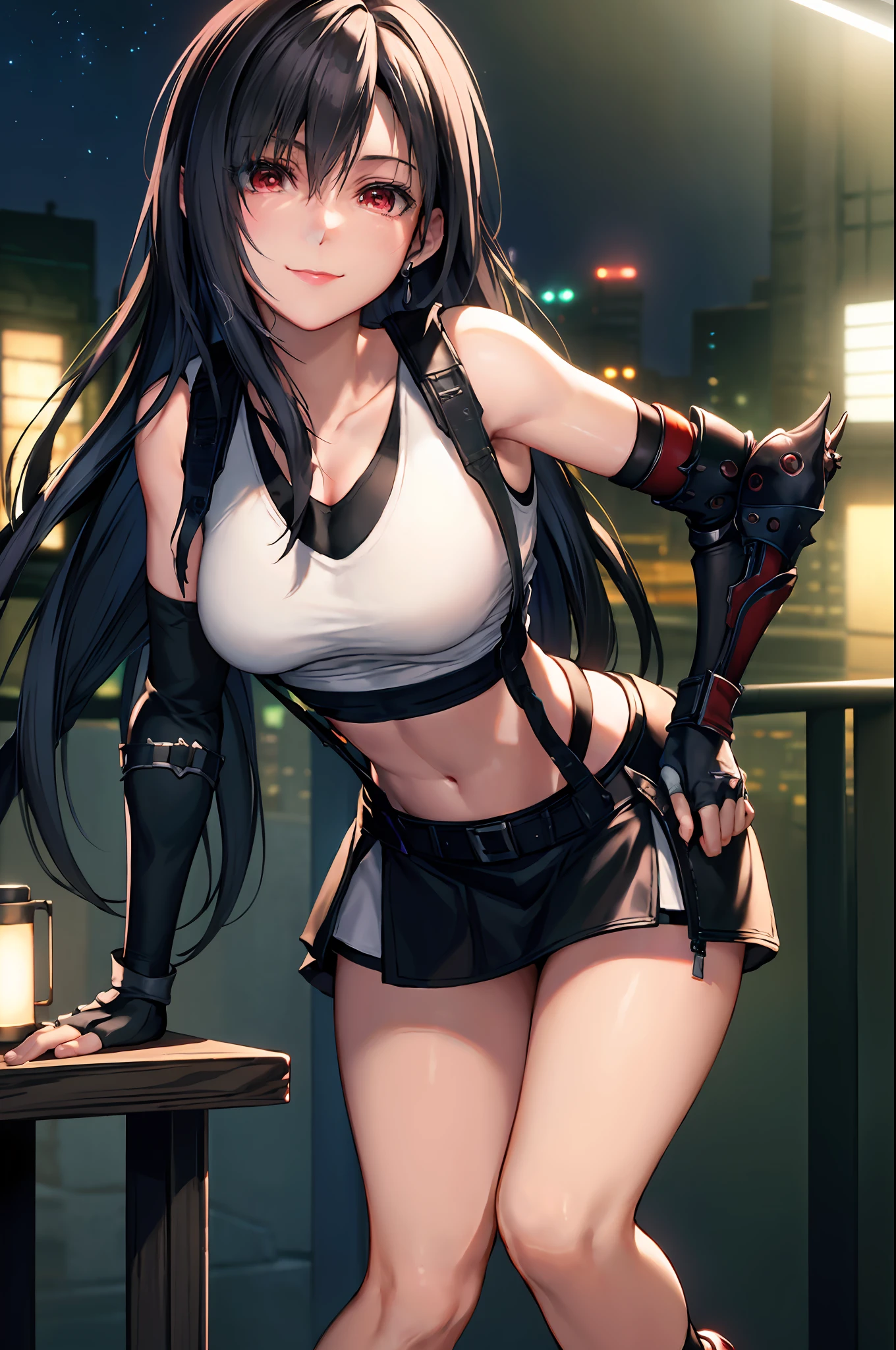 (8K, Best Quality, Masterpiece: 1.2), (Realistic, Photorealistic: 1.37), Super Detail, One Girl, Cute, Solo, (Tifa Lockhart), (Small ???????), (Beautiful Eyes), (Smile: 1.2), (Closed), ?????? Pose, Dance, Neon, Cityscape, Depth of Field, Dark Strong Shadows, Sharp Focus, Car, Motion Blur, Motorbike, depth of field, composition, glowing green, final fantasy vii, date, (nose brush), single elbow pads, ankle boots, black hair, black skirt, black thighs, red boots, elbow gloves, elbow pads, fingerless gloves, taut shirt, sports bra, (suspender black skirt), thigh, white tank top, full body, headrest, lips, beautiful face, low tie long hair, (red_eyes)), yellow flowers, (night: 1.3), complex, bokeh, cinematic lighting, photon mapping, radiosity, physically based rendering, (Tetsuya Nomura style)