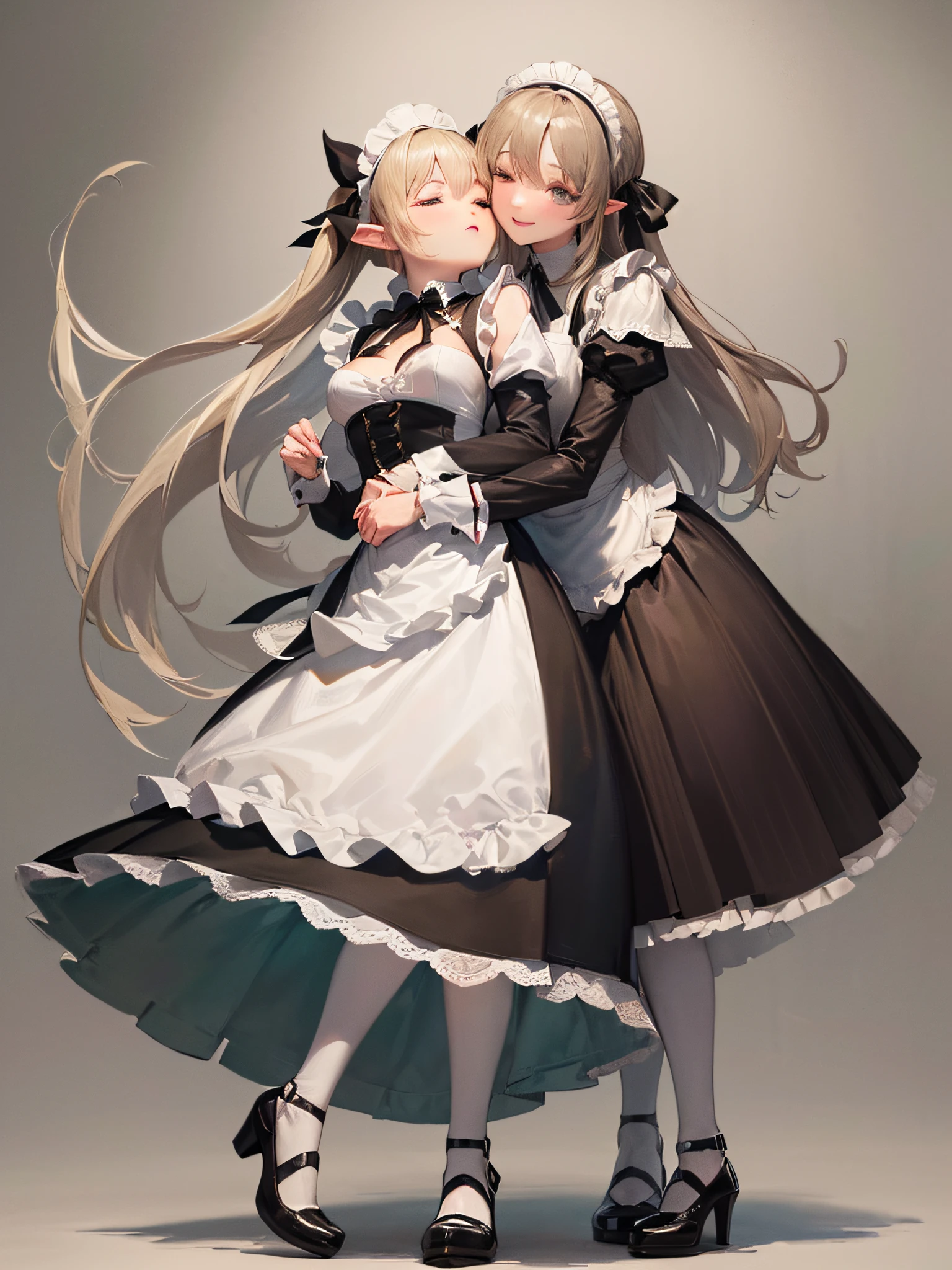 Two Elven Girls, Elf Girl 2 hugging Elf Girl 1 from behind,
Elf Girl 1(FULLBODY, platinum blonde,Twin tail, Blue Eyes, With a look tinged with joy, Maid clothes in a long dress in solid black(LONG SLEEVES, puff sleeves, White cuffs with sleeves, 1 black button on cuffs, The collar is white, Skirts with a length up to the heel), White Long Apron Dress(Apron with breastplate, Length to the hem of the skirt, Shoulder buttons, White lace ruffles at shoulder straps, Big ribbon knot at the back), Red Ascot Thailand,Head headband with white lace ruffles, white stockings, White panniers(The hem of the pannier is lace), Black enameled shoes(highheels)),
Elf Girl 2(FULLBODY, BLACK HAIR, ponytails, Close your eyes, Maid clothes in a long dark blue dress(LONG SLEEVES, puff sleeves, White cuffs with sleeves, 1 black button on cuffs, The collar is white, Skirts with a length up to the heel), White Long Apron Dress(Apron with breastplate, Length to the hem of the skirt, Shoulder buttons, White lace ruffles at shoulder straps, Big ribbon knot at the back), Red Ascot Thailand,Head headband with white lace ruffles, white stockings, White panniers(The hem of the pannier is lace), Black enameled shoes(highheels))),
Mucha style background with white lilies scattered