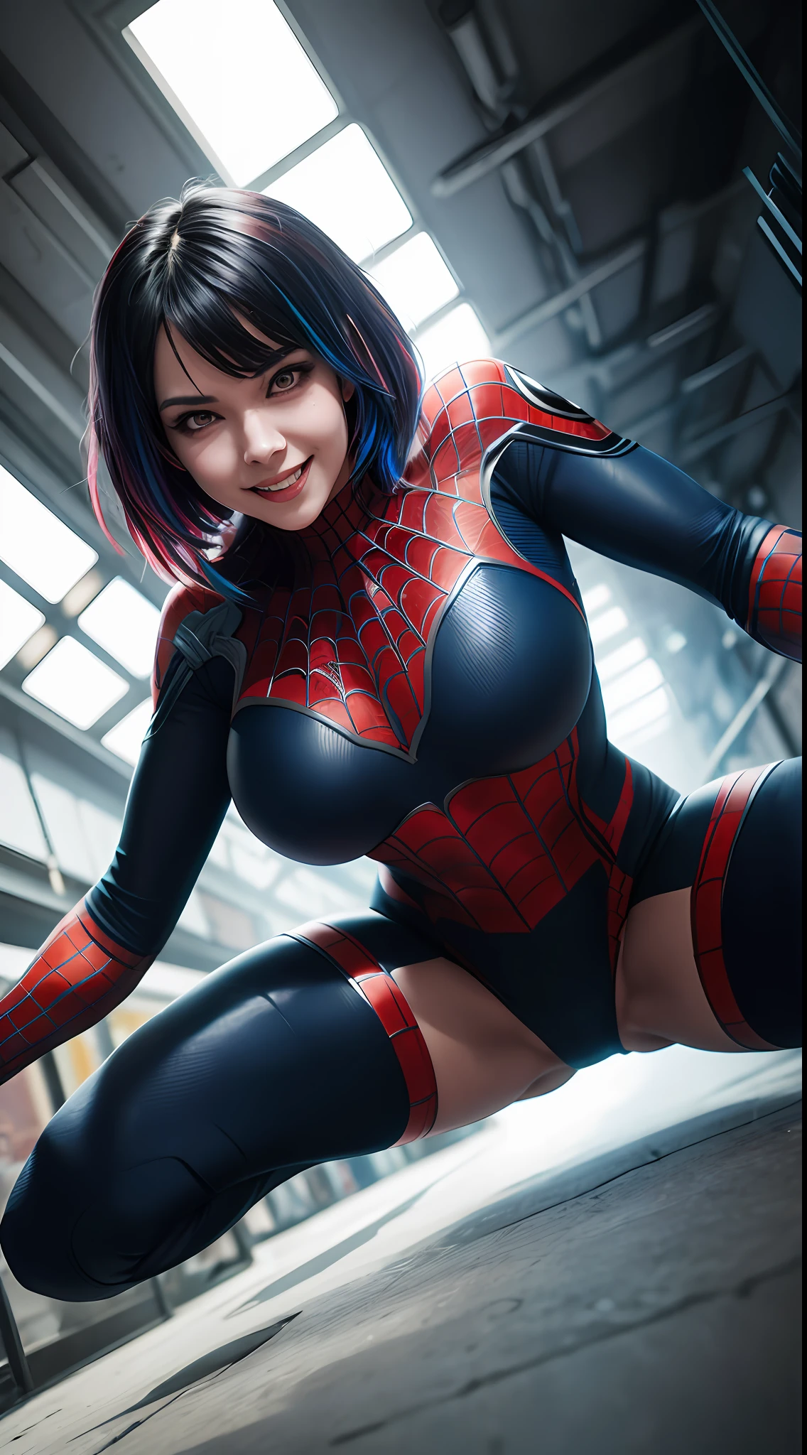 Urban woman in Spider-Man tights, regular breasts, Cyberpunk Style, multicolored hair, crazy smile, evil, despair, expressionless eyes, Ultra-Wide Angle, from below, cinematic lighting, glowing light, best quality, super detail, masterpiece, anatomically correct, 8k --auto