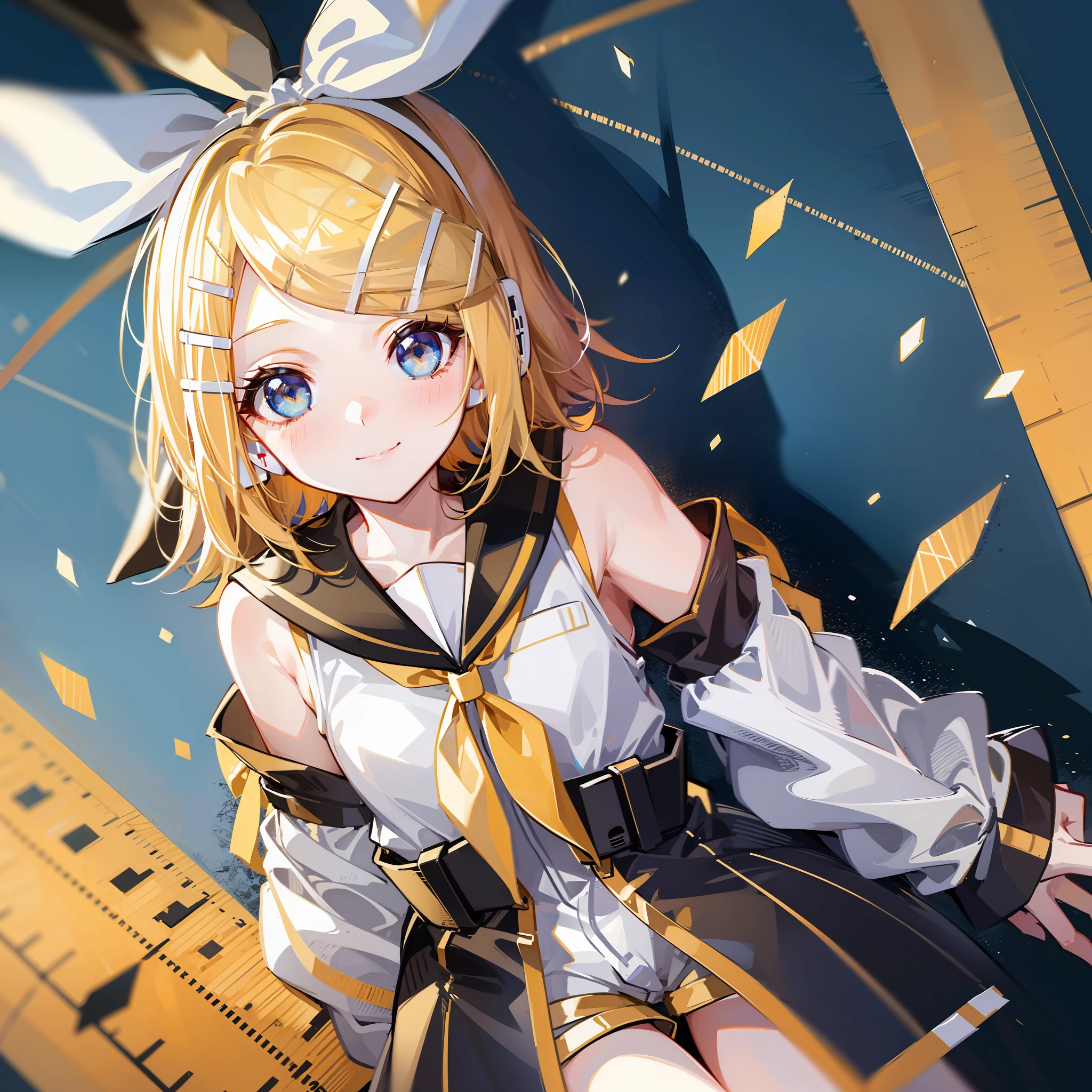 Max Quality、super precise、flawless anatomy、Absurdres、1Girl of Man、(Kagamine_Rin:1.5)、cuddly、Shorthair、、Bishōjo、very young、innocence、purity、Pure、smilling face、Sailor clothes、headphones、Yellow neckerchief、(Black shorts)、belts、(Crystal clear blue eyes)、Bright eyes、Bringing light into the eyes、Bishōjo anime style、Viewers love it、Heart symbol on background、Pampering、lovey-dovey