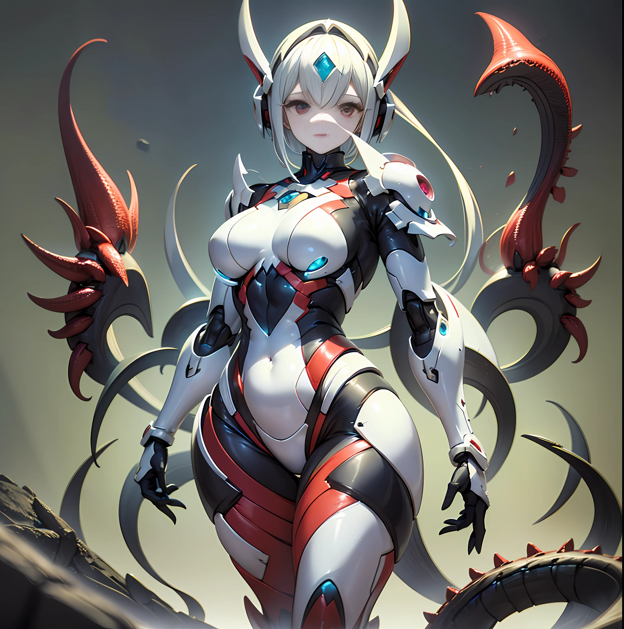 (Dark environment: 2.0) Closed room, a young woman's armor with intoxicating curves, enchanting charm, and plump chest, with a high degree of anthropomorphism, The armored body is、It consists of a human body wearing a white tight one-piece leather suit, the armor color is white, the surface of the body is decorated with random symmetrical blue gemstones, the skin of the character's face is mechanized into white mechanical skin, the whole body of the mecha is parasitized by red mechanized octopus tentacles, the tentacles and the host body are perfectly integrated, the tentacles and the host organs are perfectly integrated, The armored whole body has obvious tentacle characteristics, White tight one-piece leather clothing on the surface of the armored body is、It is replaced by a black corset formed by parasitic tentacles, revealing the chest, the lower abdomen is exposed, 4 red-white mechanized tentacles grow on the back, there are flying small flying robots next to it, 1つのアーマーのみがレンダリングされます, and there is no other armor in the picture,