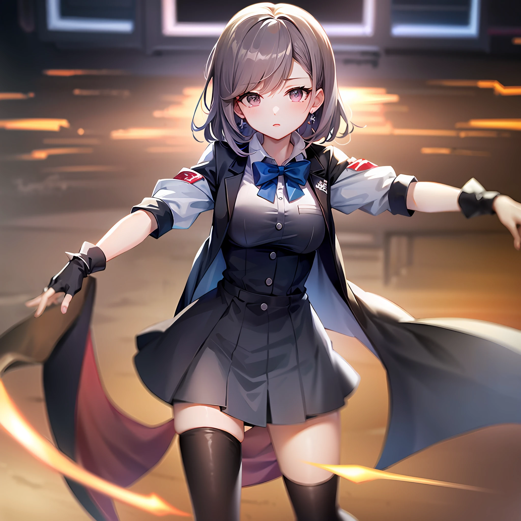 anime girl in uniform with purple bow tie and black jacket, Anime Moe Artstyle, Smooth anime cg art, made with anime painter studio, marin kitagawa fanart, shooting pose, noire photo, Official artwork, Chiaki Nanami of Danganronpa, 4月のレンダリング, From Girls Frontline, high quality anime art style, digital-anime art!!