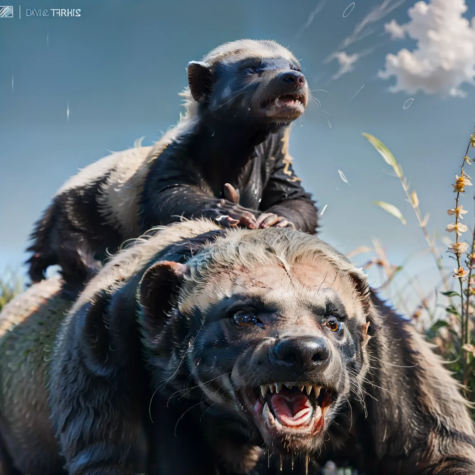 honey badger ,realistic, day,blue sky, rain, lake, highres, 8k,