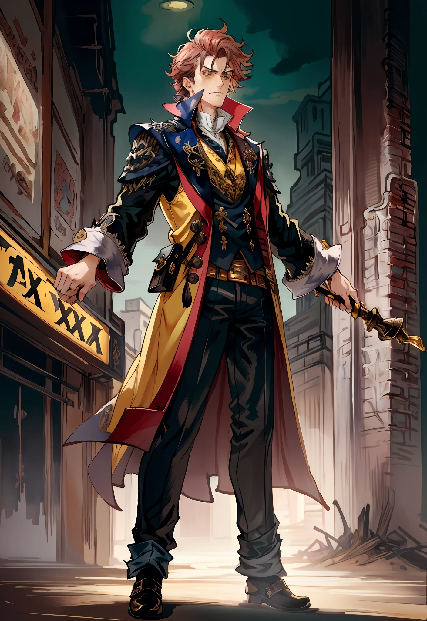 masterpiece,best quality,painting of a man,((vancian magician, intricate outfit, Taxi Cab Yellow theme)),frown look,active lanky man,big hair,Wine Red hair,hair,Templeton Gray eyes,tall,volcanic,intricate background,dynamic pose,action scene
