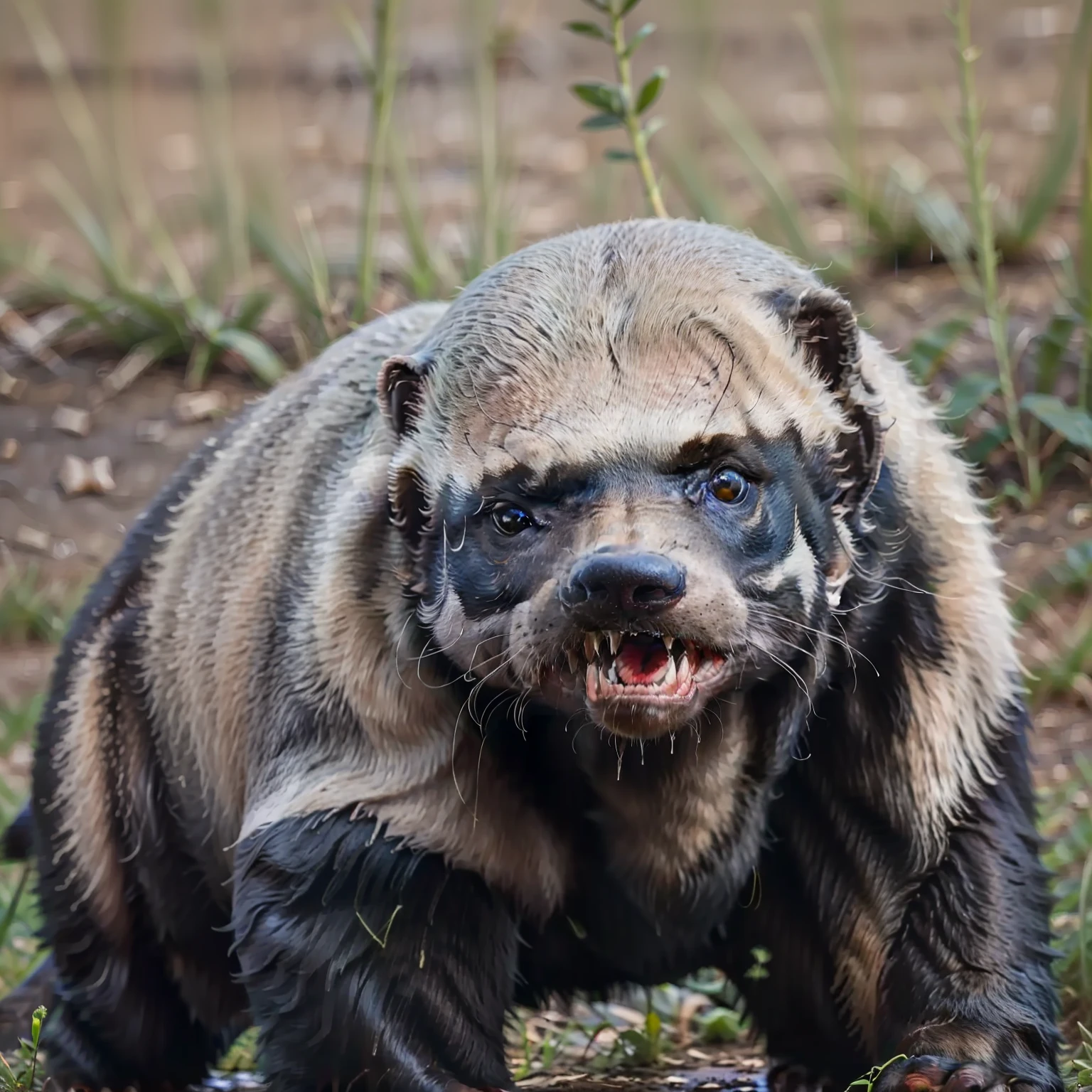 honey badger ,realistic, day,blue sky, rain, lake, highres, 8k,