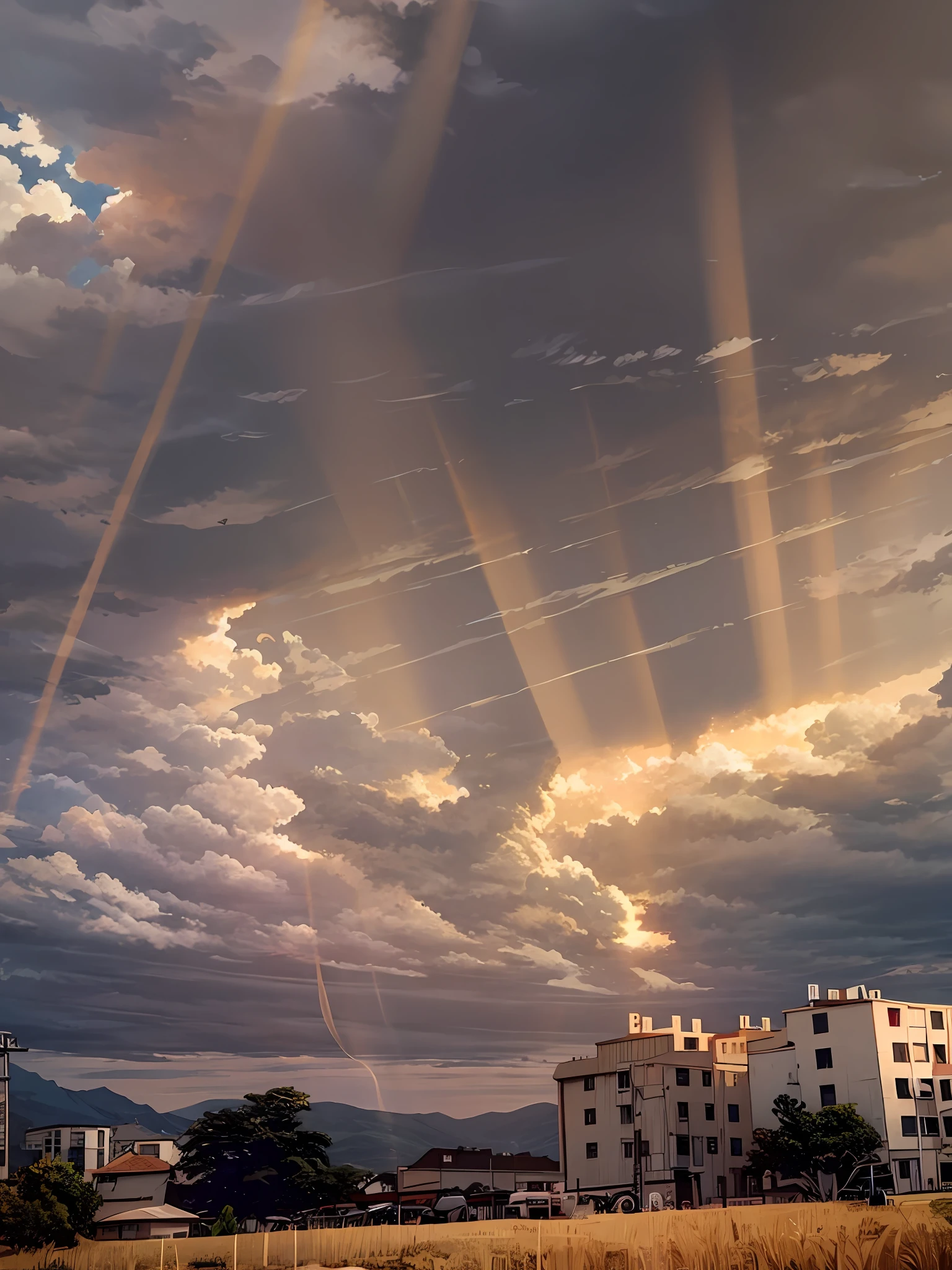 there is a man flying a kite in the sky over a field, with backdrop of god rays, the sun up on the sky is strong, sky in background, With dramatic skies, miraculous cloudy backdrop, sky in background, glistening clouds in background, some sun light ray, light and clouds, sky in background, clouds in the background，Tyndall phenomenon