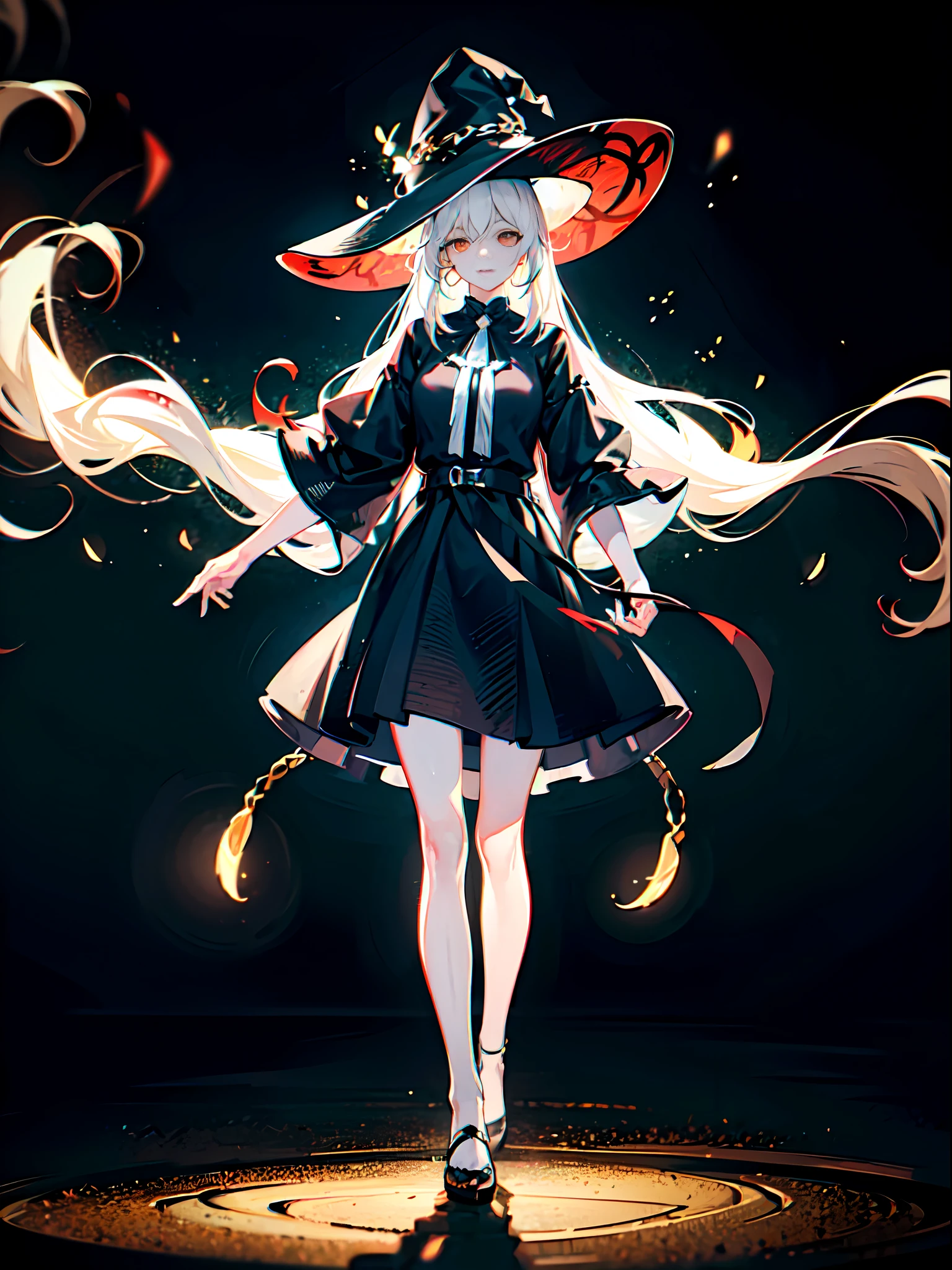 RAW photo, one person, skin invisible, full body photo of 60 year old woman, witch, Sensual beautiful woman with round cheeks, realistic facial expression, light red eyes, pale skin, wavy white hair, long hair, witch hat, white skin, slender body, wearing full body black robe with rich decoration, confident expression, (fireflies, glowing particles, ethereal fog, faint darkness), high saturation, film light, rim light, best shadows, pointing here, background is urban ruins, (very detailed skin: 1.2), 8k UHD, DSLR, soft lighting, high quality, film particles, fujifilm XT3