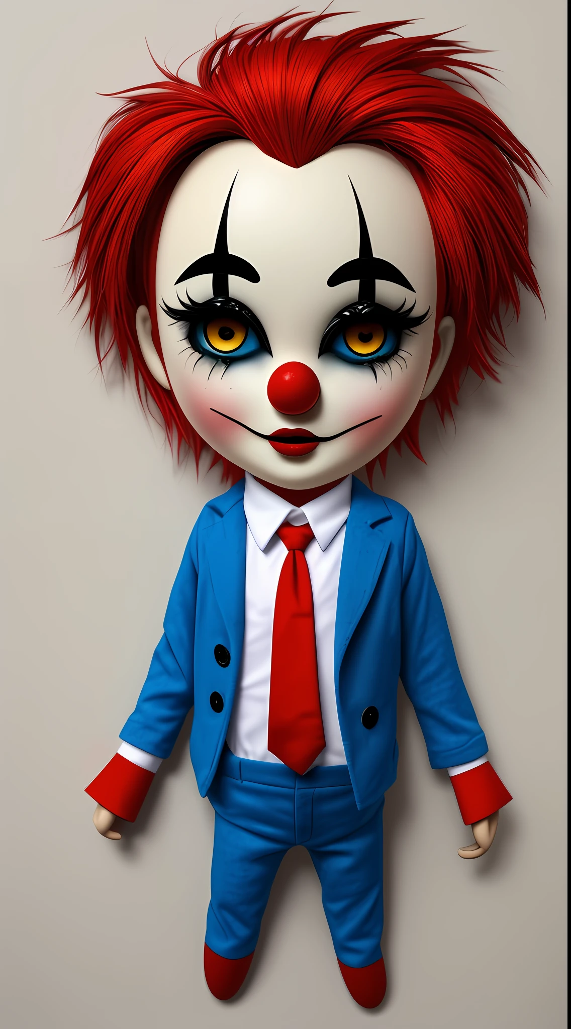 Humanized clown with characteristics of a puppet, Estilo Chibi, creepy comic style. FULL HD, ALTA QUALIDADE, CORPO INTEIRO