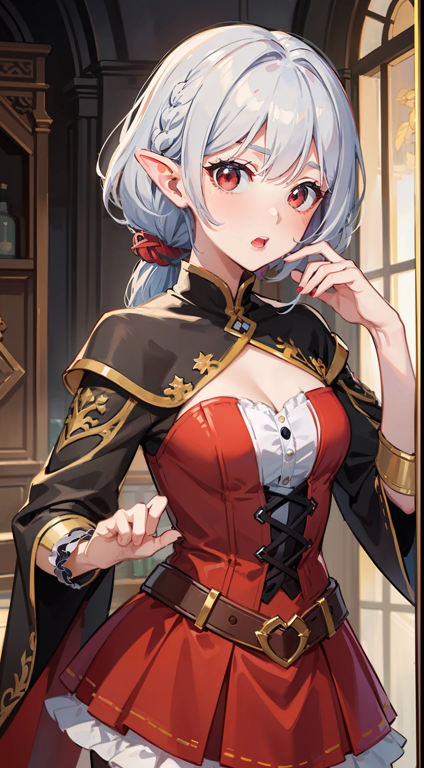 ((Put your hands on your face)), ((Surprised)), (Red Face), 1女の子の接写, elvish, silver hair,,,, Red eyes, Braided hair, bob cuts, Fantasy style costumes, Adventurer-style attire, frilly, Leather armor, Tights, cloaks, Mirror, Gender Change, Concept art, beautiful anime scene, beautiful anime scenery, Max Quality, Obra-prima