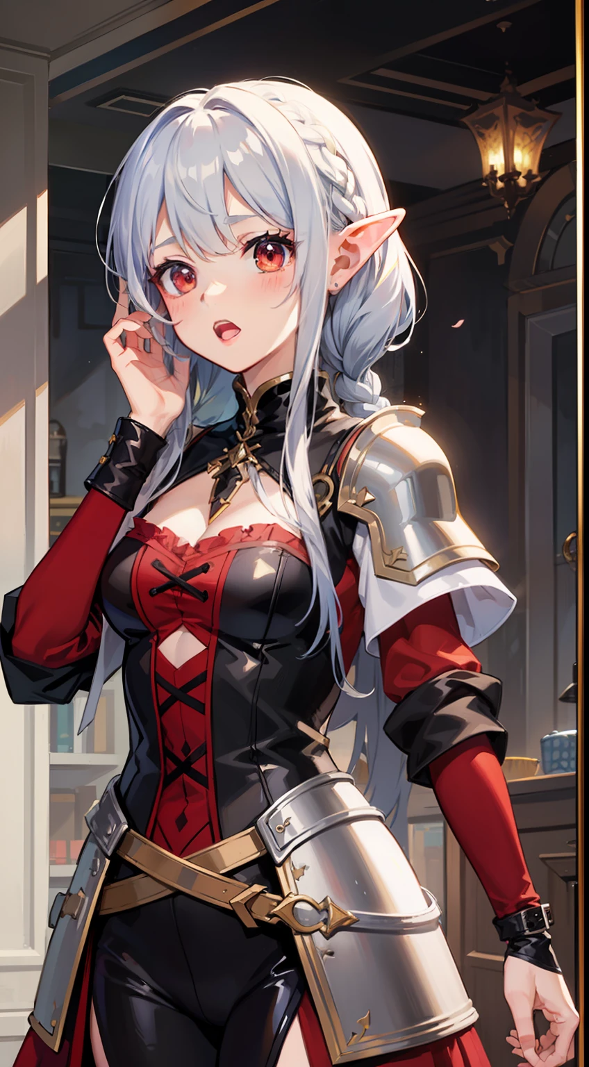 ((Put your hands on your face)), ((Surprised)), (Red Face), 1女の子の接写, elvish, silver hair,,,, Red eyes, Braided hair, bob cuts, Fantasy style costumes, Adventurer-style attire, frilly, Leather armor, Tights, cloaks, Mirror, Gender Change, Concept art, beautiful anime scene, beautiful anime scenery, Max Quality, Obra-prima