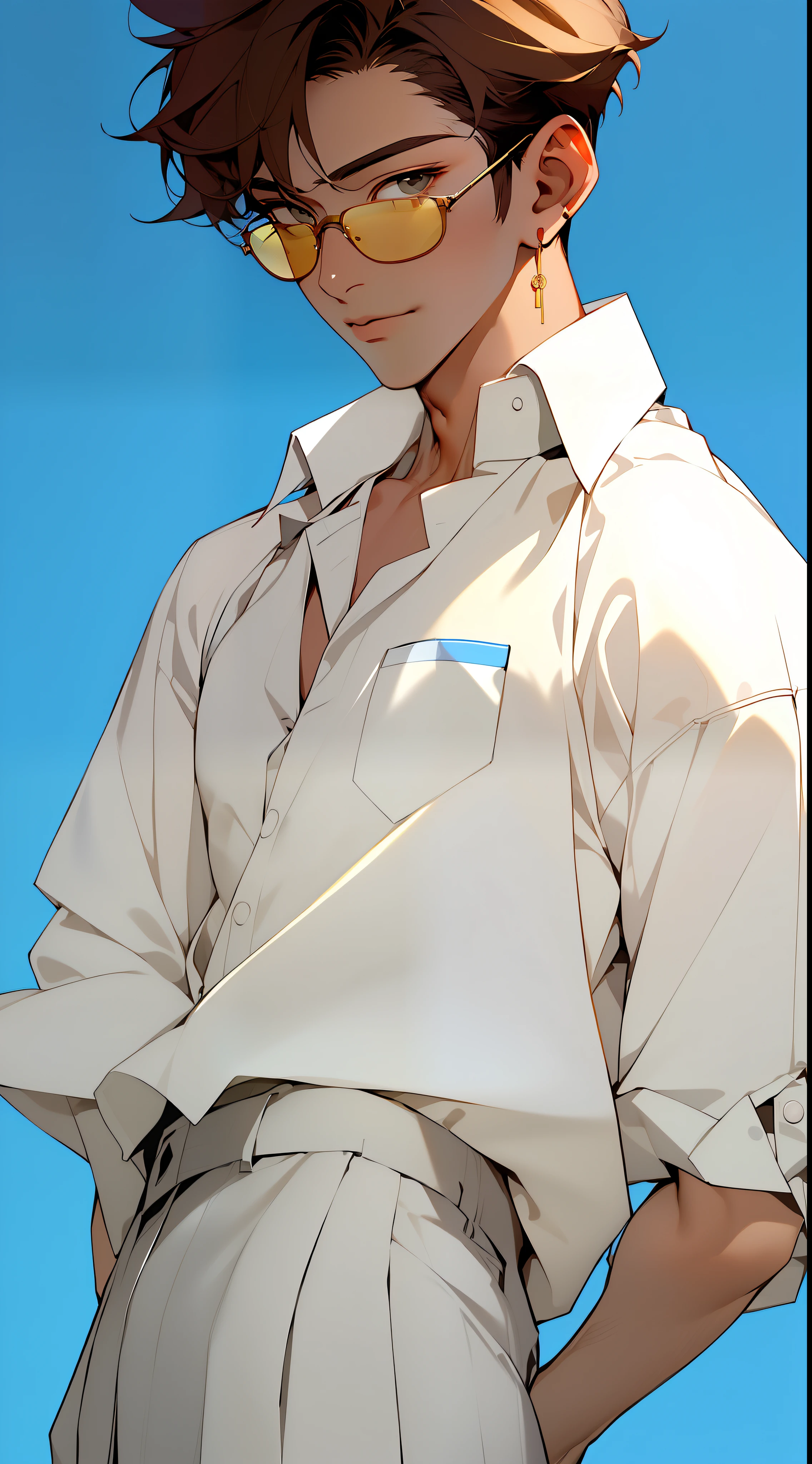 ((Masterpiece, Superb Campus Aesthetics)),1 male solo, close-up, (clear eyes), (Korean school uniform, striped white shirt, tank top, long pants), (short brown hair), (handsome boy), (clear facial features, detailed skin texture, handsome face), white background, earrings, yellow skin, standing, (masterpiece, top quality, best quality), (((flat color))),