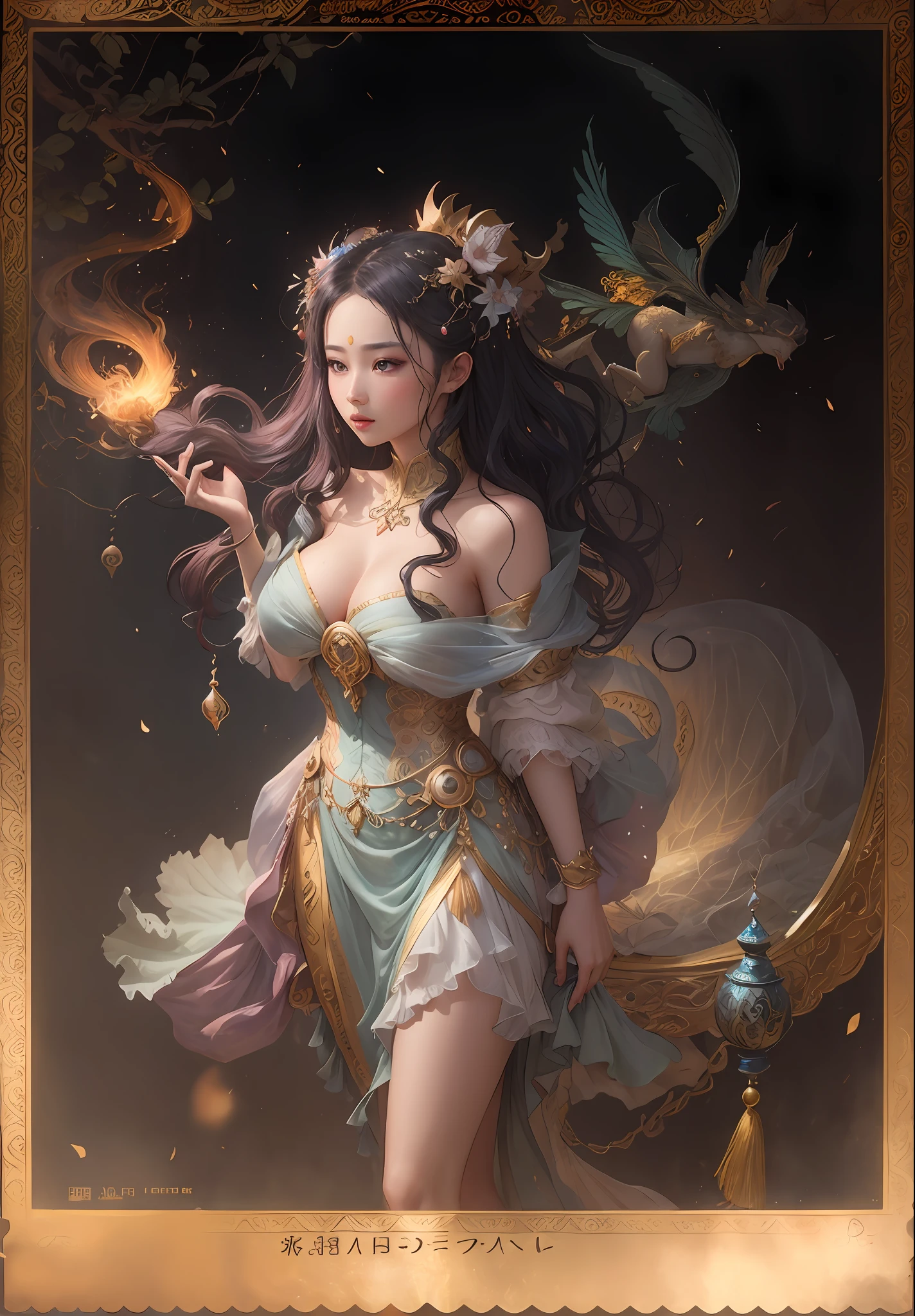 A woman, an oriental mythological figure, with fairy air, mythical colors, beautifully dressed, divine light protective body