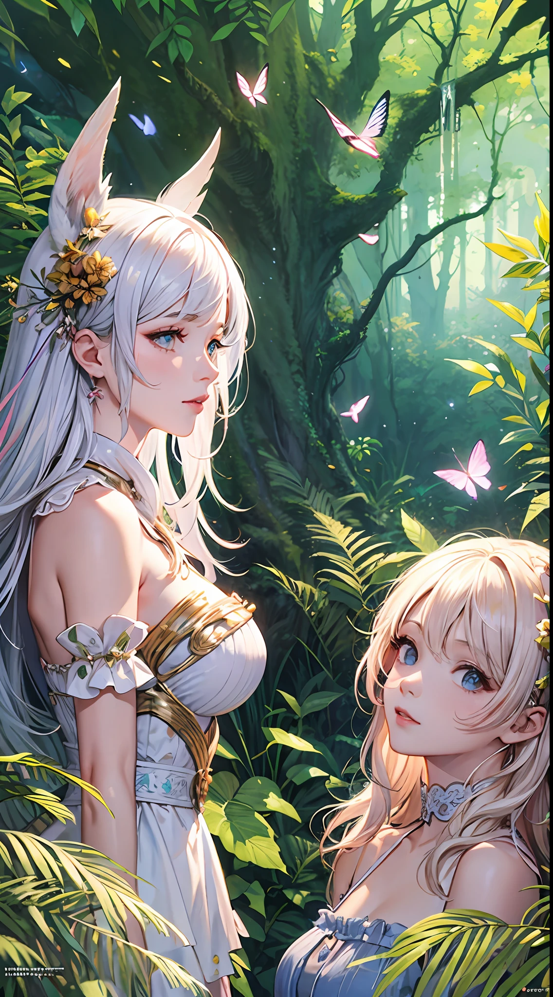 RAW photo of,photorealistic,best qality,MasterPiece,,illustration,extremely detailed,CG,Unification,8kwallpaper,Amazing,Finely detail,MasterPiece,,best qality,official arts,extremely detailed CG unity 8k wallpaper,absurds,unbelievably ridiculous,Huge File Size,Ultra-Detailed,Hi-Res,extremely detailed,1 girl,Perfect face,Perfect eyes.,gradation hair,multicolored hair,White colorful hair,Medium chest,fantastical forest,with towering trees and twisting vines. The sky is a soft shade of pink,and butterflies flit about,adding to the whimsy of the scene. in the foreground,a pair of unicorns stand gracefully,their manes blowing in the gentle breeze. A group of fairies flit about,Wherever they go,can spread magic.,Dynamic Angles,