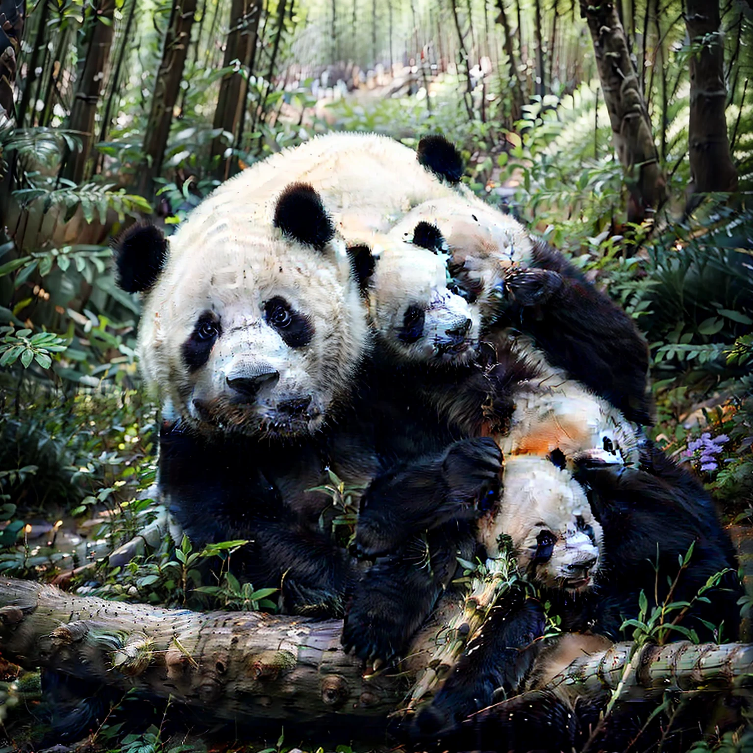 realistic, day,blue sky, rain, bamboo forest,lake, highres, 8k,Panda,