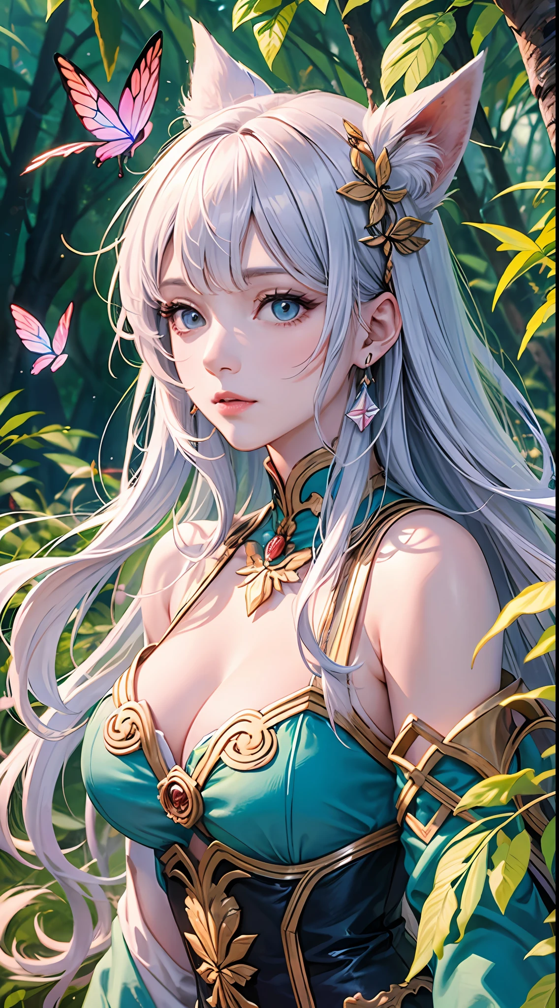 RAW photo of,photorealistic,best qality,MasterPiece,,illustration,extremely detailed,CG,Unification,8kwallpaper,Amazing,Finely detail,MasterPiece,,best qality,official arts,extremely detailed CG unity 8k wallpaper,absurds,unbelievably ridiculous,Huge File Size,Ultra-Detailed,Hi-Res,extremely detailed,1 girl,Perfect face,Perfect eyes.,gradation hair,multicolored hair,White colorful hair,Medium chest,fantastical forest,with towering trees and twisting vines. The sky is a soft shade of pink,and butterflies flit about,adding to the whimsy of the scene. in the foreground,a pair of unicorns stand gracefully,their manes blowing in the gentle breeze. A group of fairies flit about,Wherever they go,can spread magic.,Dynamic Angles,