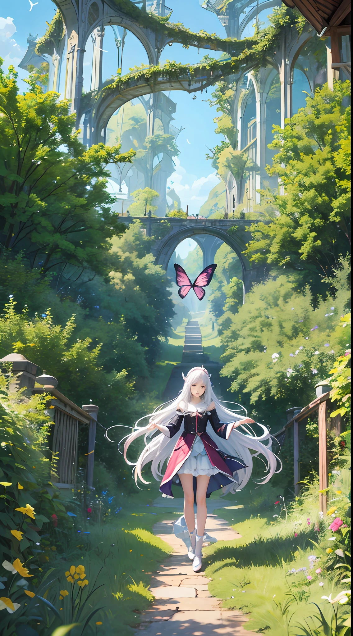 RAW photo of,photorealistic,best qality,MasterPiece，,illustration,extremely detailed,CG,Unification,8kwallpaper,Amazing,Finely detail,MasterPiece，,best qality,official arts,extremely detailed CG unity 8k wallpaper,absurds,unbelievably ridiculous,Huge File Size,Ultra-Detailed,Hi-Res,extremely detailed,1 girl,Perfect face,Perfect eyes.,gradation hair,multicolored hair,White colorful hair,Medium chest,fantastical forest,with towering trees and twisting vines. The sky is a soft shade of pink,and butterflies flit about,adding to the whimsy of the scene. in the foreground,a pair of unicorns stand gracefully,their manes blowing in the gentle breeze. A group of fairies flit about,Wherever they go，can spread magic.,Dynamic Angles,