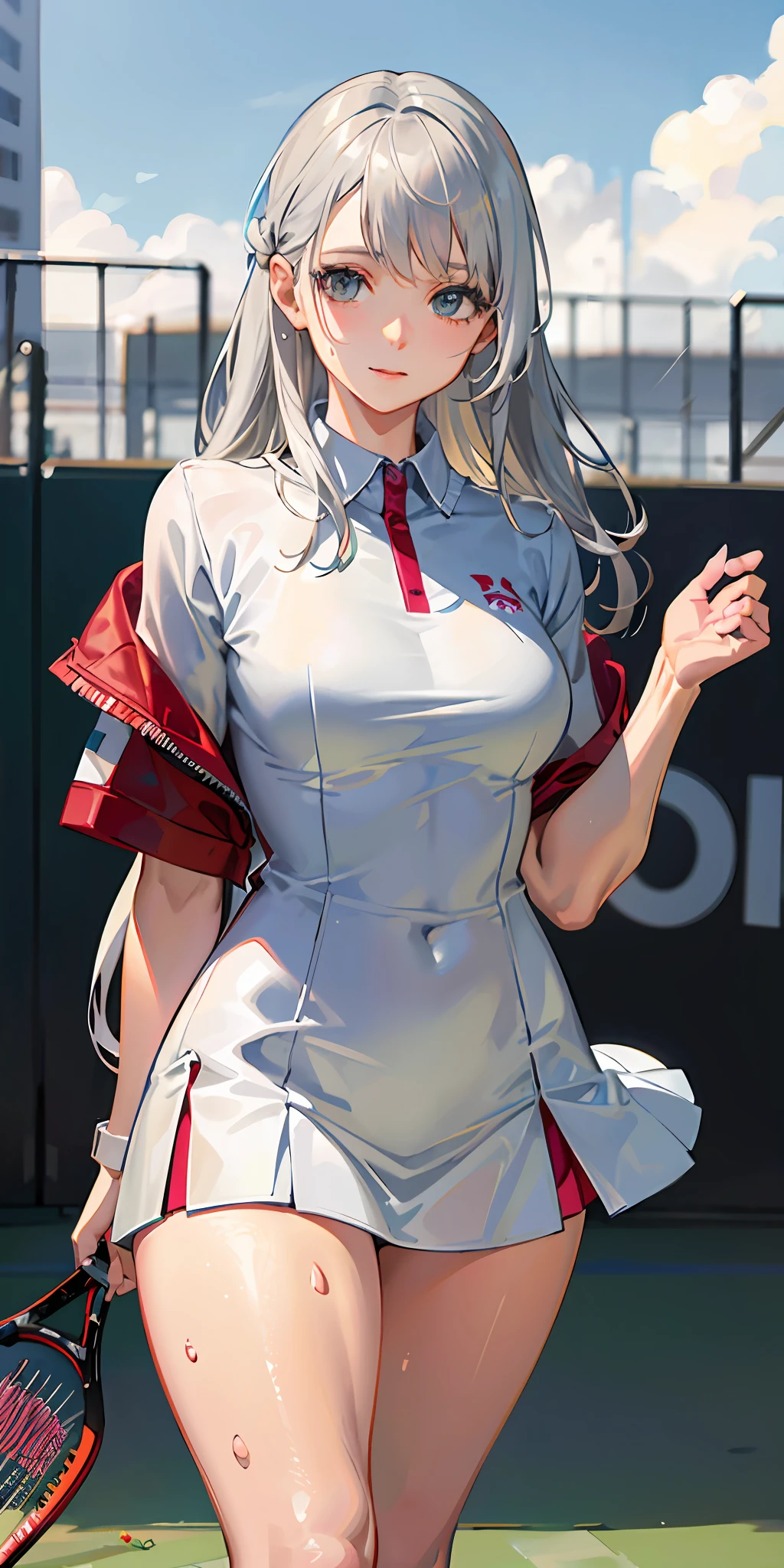 anime - style woman in a tennis uniform holding a tennis racket, vestidos de branco!! silver-haired, white hair god, white-haired, in dress, shiro from deadman wonderland, silver hair (pony tail、), Perfect gray haired girl, smooth anime cg art, tifa lockhart with white hair, clean detailed anime art, kantai collection style, pixiv 3dcg