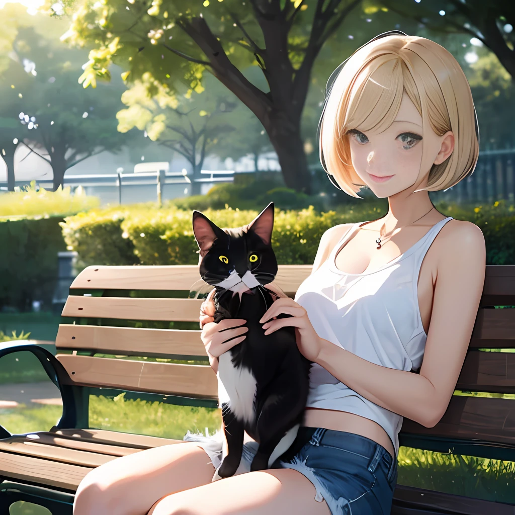 {masterpiece, best quality, extremely detailed CG, unity 8k wallpaper, cinematic lighting}}, Under a clear sky, in a park bench facing Yokohama Port, we find our protagonist, a beautiful and adorable girl. With a smiling face, she sits on the bench, cradling a kitten in her arms. She has a blonde short bob:1.5, and her eyes are a captivating shade of blue, with double eyelids and long lashes. She has long limbs, a slender waist, and is dressed in a white tank top that reveals her midriff:1.5, paired with distressed denim shorts:1.4. Completing her ensemble are white running shoes. The kitten is a black cat:1.2, with its golden eyes, her gazes back at the girl affectionately.