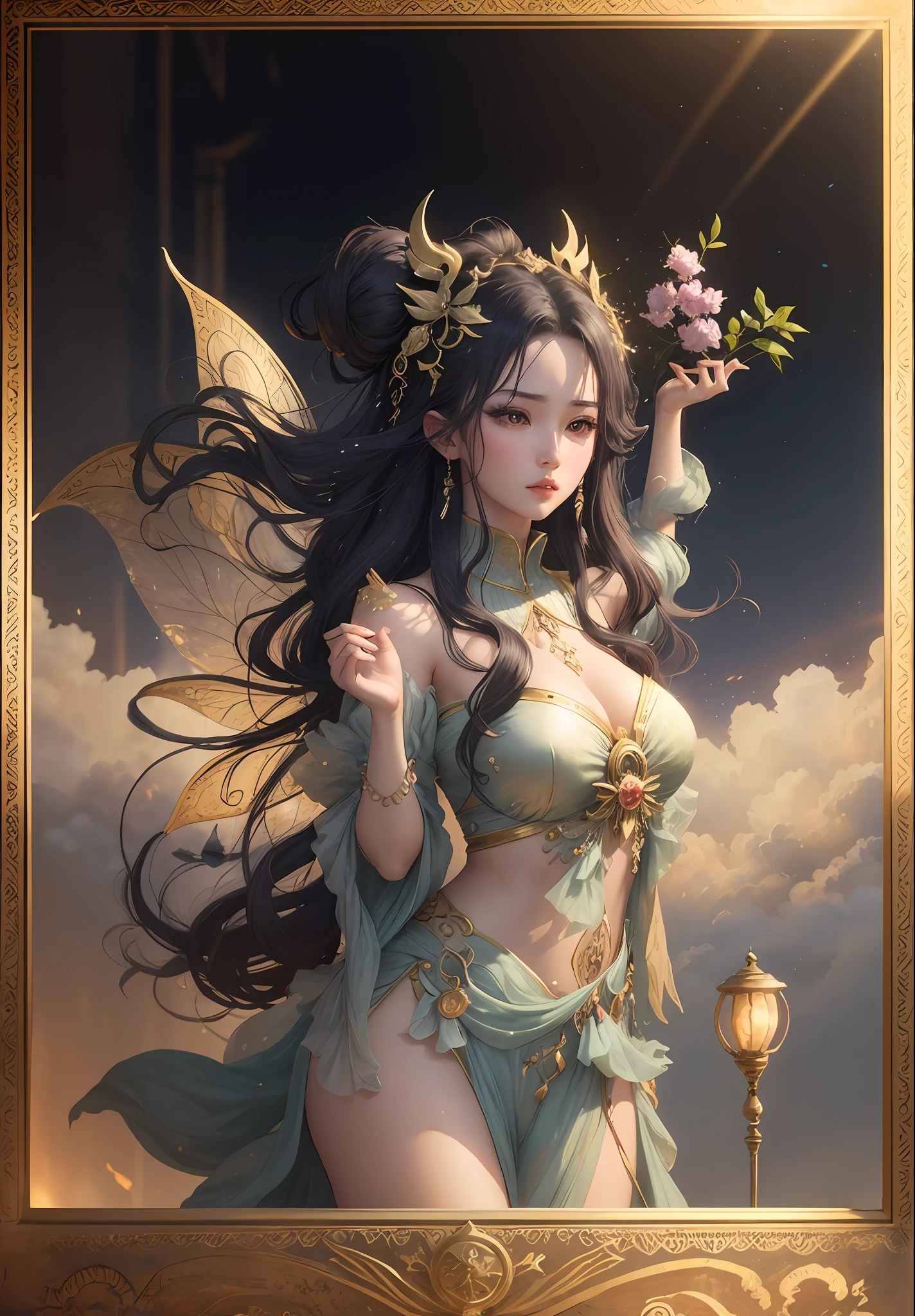 A woman, an oriental mythological figure, with fairy air, mythical colors, beautifully dressed, divine light protective body