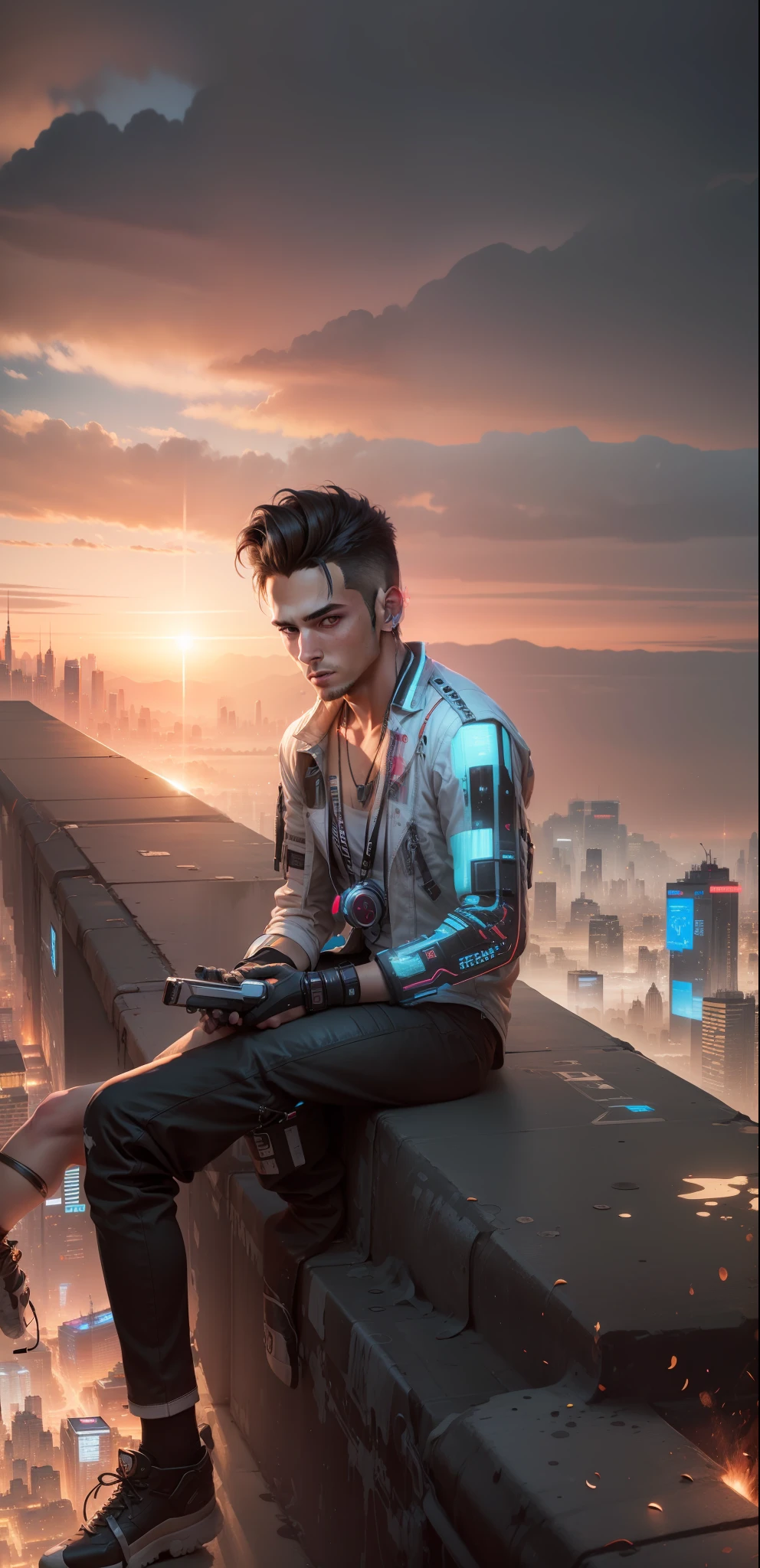 Change background, portrait, good-looking dress,8k realistic , cyberpunk handsomeboy