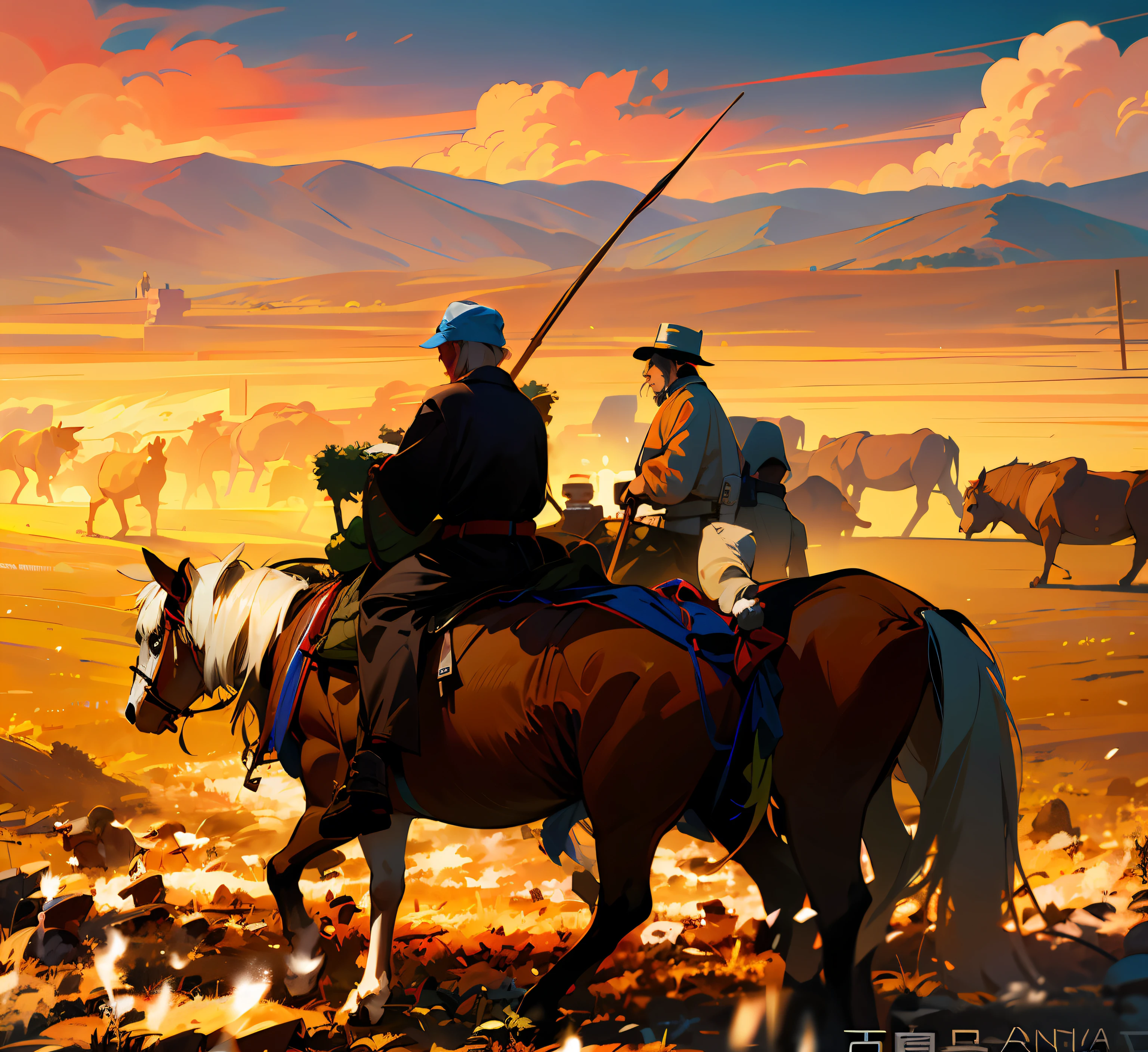 Horse and cow in the field,The man rides on a horse, mongolia, mongol, clouds of vivid horse-hair wigs, tengri, both men and cattle, cinematic silk road lanscape, in the steppe, beautiful image, local people chasing to attack, the see horse valley, ancient mongolian elon musk, stunning visual, rengen, Anaglyph,Realisticstyle,modernistic,romanticism,Expressionism,Verism,light and shade contrast,cinematic Lighting,UHD,High Details,8k,best qality,The focus is on the people