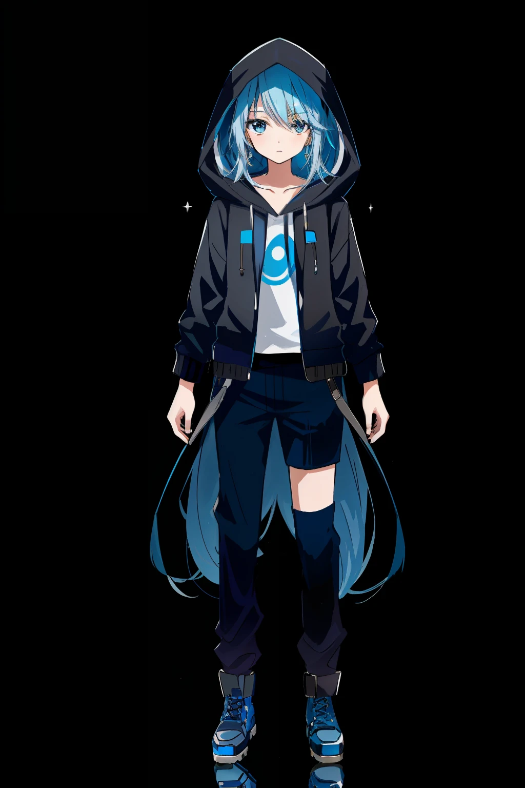 Add more details of long blue hair and hoodies of anime characters, 2 d anime style,, Single character full body decoration, !!full body portrait!!,  anime vtuber full body model, full body concept, anime style character,  Black pattern on the hair Crystal-like gorgeous eyes