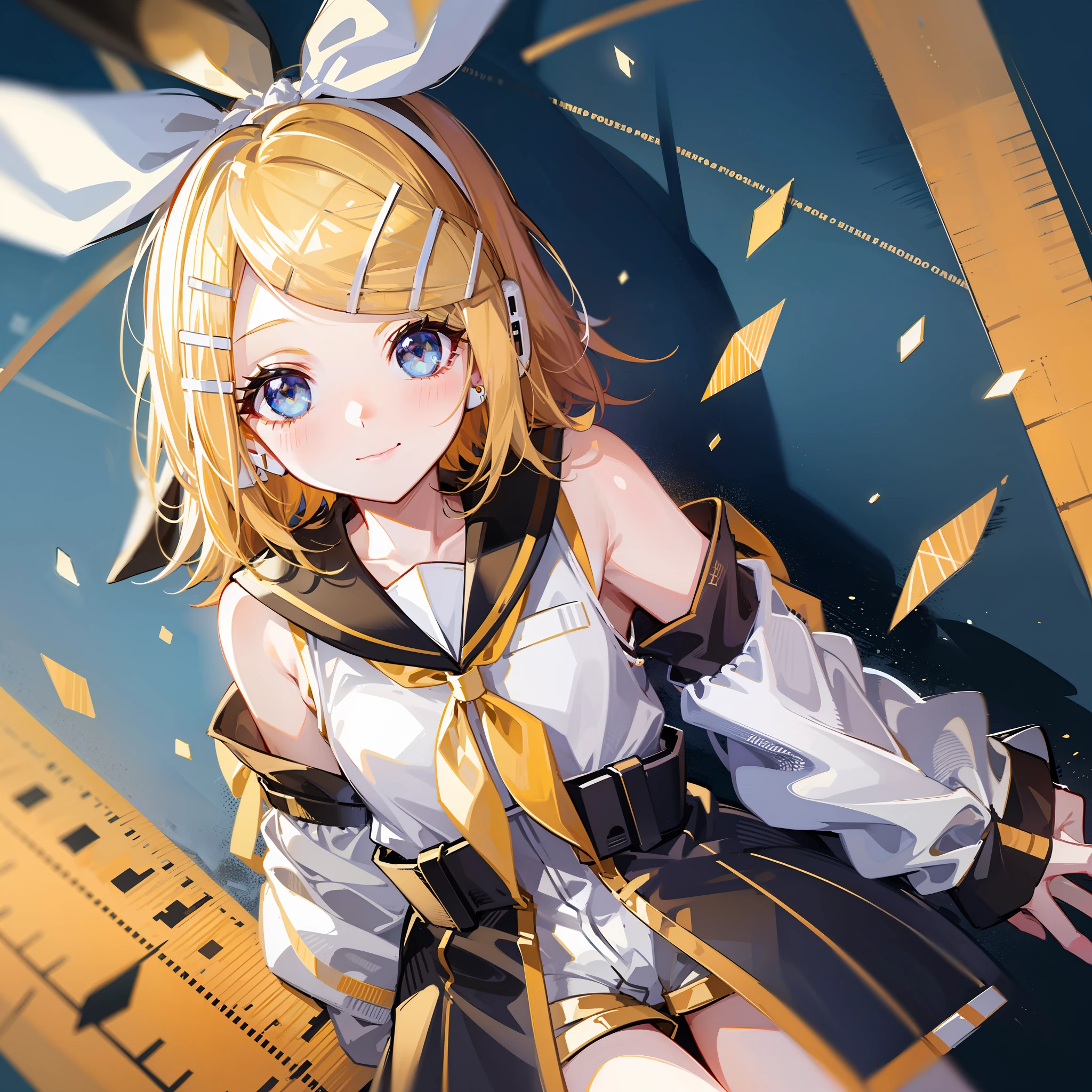 Max Quality、super precise、flawless anatomy、Absurdres、１Girl of Man、(Kagamine_Rin:1.5)、cuddly、Shorthair、LOLI、Bishōjo、very young、innocence、purity、Pure、smilling face、Sailor clothes、headphones、Yellow neckerchief、(Black shorts)、belts、(Crystal clear blue eyes)、Bright eyes、Bringing light into the eyes、Bishōjo anime style、Viewers love it、Heart symbol on background、Pampering、lovey-dovey