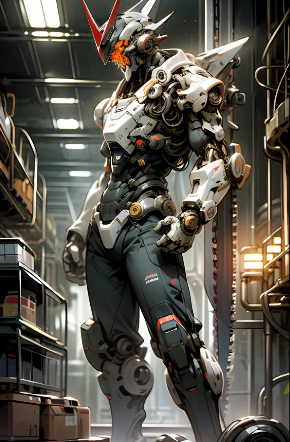 Dark_fantexi,Cyberpunk,(chainsaw,chainsawman,Red:1.1),1man,Mechanical wonder,robotic presence,cybernetic guardian,Wearing a shabby mech suit，intricately，neon lighting，（Steel metal[Glossy]），elegence，Crisp focus，Photo by Greg Rutkowski，soft lights，Bright Colors，master masterpiece，（（the street）），Cowboy Shooting，dynamicpose，(In a futuristic weapons factory:1.2), 8K，best best quality
