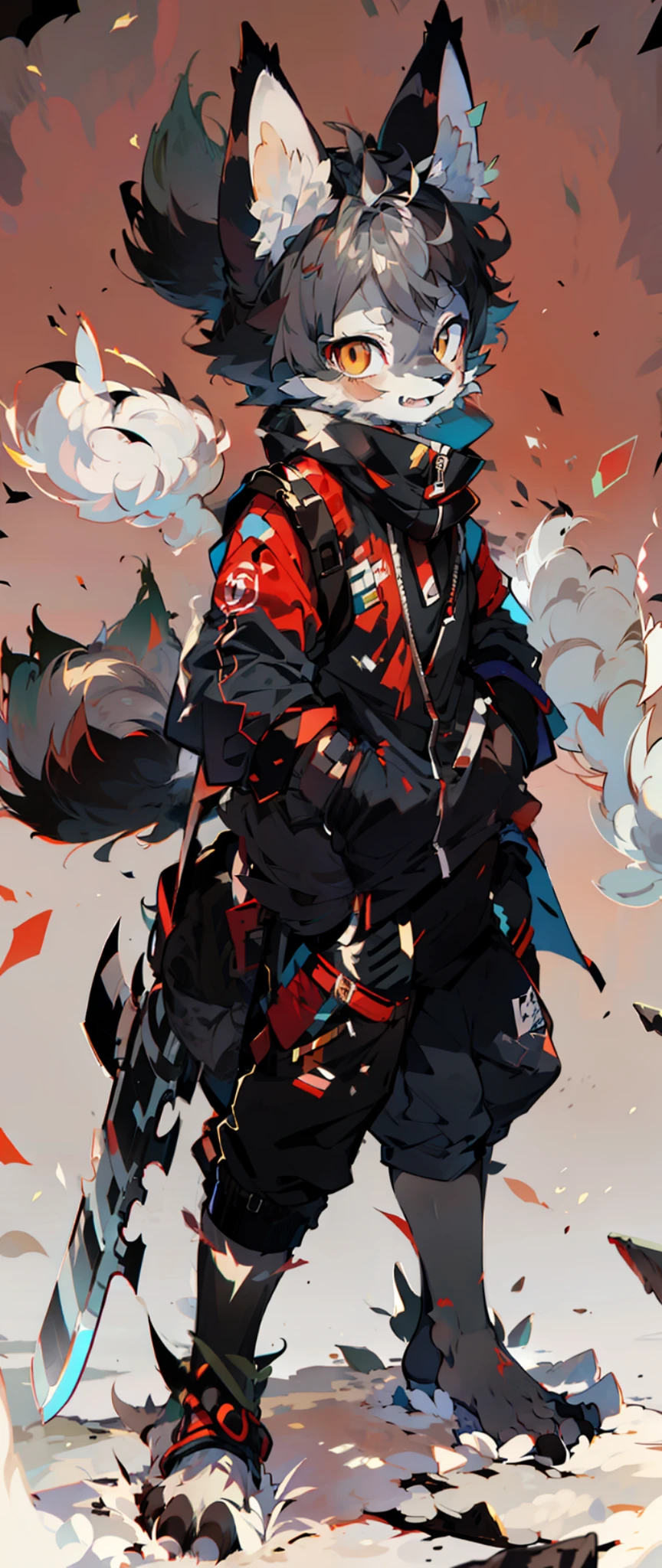 (Furry furry:1.3), Junior solo, Furries, cat ears,solo, shaggy, Hairy Male, Male focus, anthr,(Full Body Fur, Fluffy tail, Gray-black fur, BROWN EYES, Gray hair:1.2), (long canines）Anime Style Gray Black Wolf Boy Battle-Hardened Trained Holding a Long-Bladed Weapon with Two Symmetrical Ends Full Body Black Silent Forest Background Boy Boy Boy Shōnen