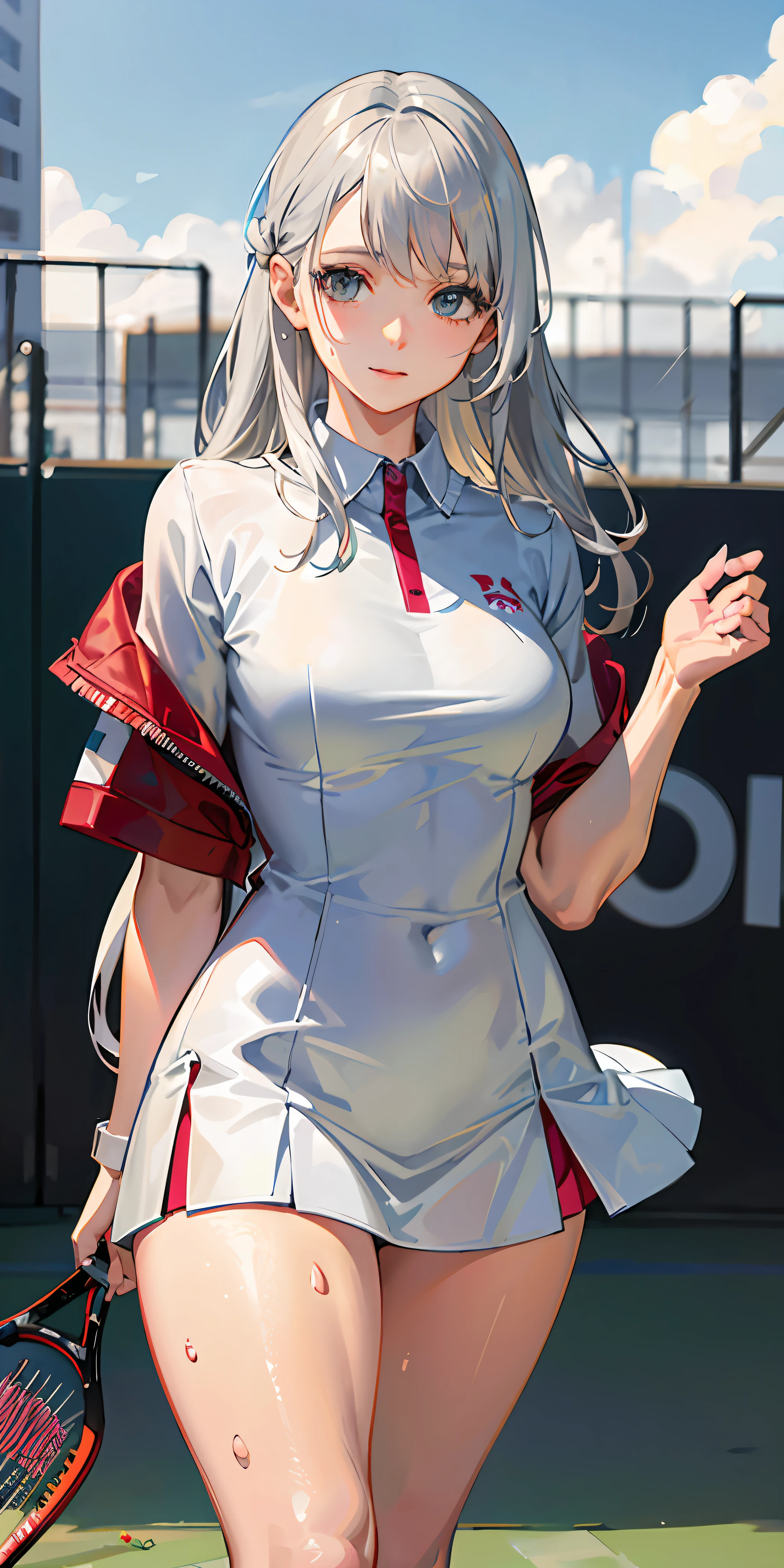 anime - style woman in a tennis uniform holding a tennis racket, vestidos de branco!! silver-haired, white hair god, white-haired, loli in dress, shiro from deadman wonderland, silver hair (pony tail、), Perfect gray haired girl, smooth anime cg art, tifa lockhart with white hair, clean detailed anime art, kantai collection style, pixiv 3dcg