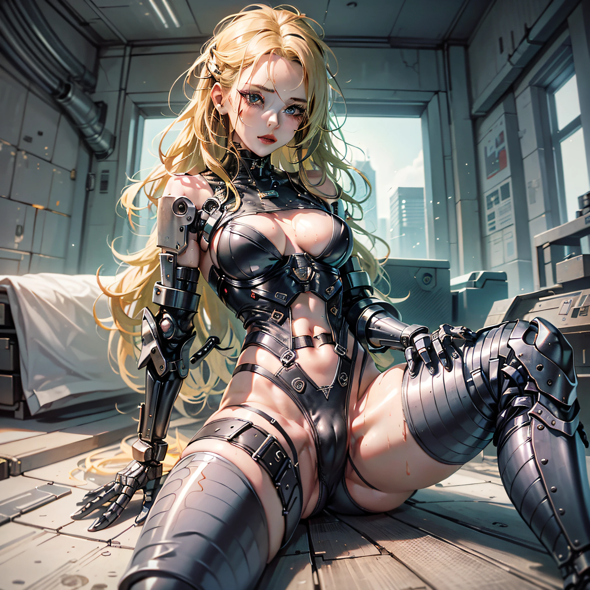 cyberpunk, cyborg beauty, hands are robot parts, (high resolution, young blonde beauty), very big, very small micro underwear, sticking out, crotch wide open, shape clearly visible, pubic area clearly visible, crotch wide open, underwear that sticks to wet skin, lying on bed