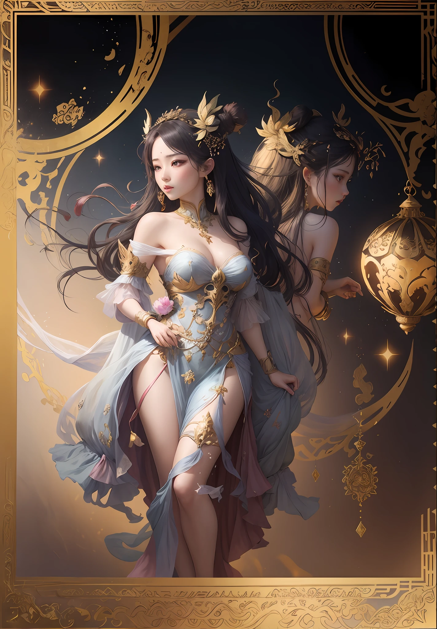 A woman, an oriental mythological figure, with fairy air, mythical colors, beautifully dressed, divine light protective body