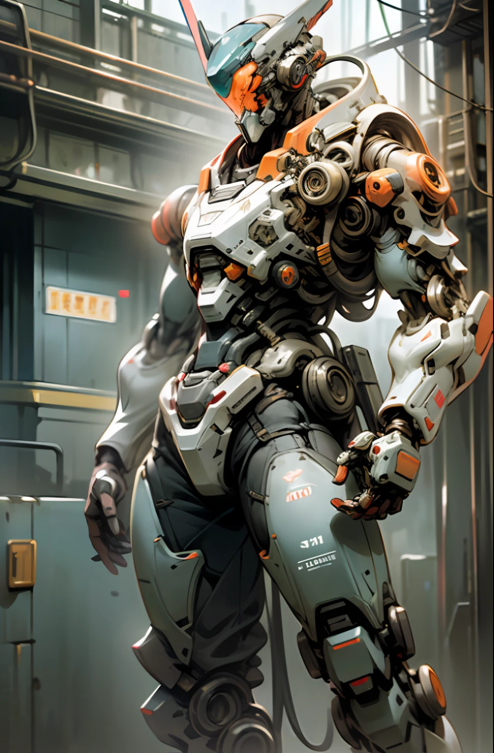Dark _ Fantasia, Cyberpunk, (Chainsaw, Female chainsaw man, Redness: 1.1), 1man, Mechanical wonder, Robot Presence, Biomodification Guard（cybernetic guardian）, Wearing Shabby Mech Suit, Intricate, Neon, (Steel Metal [rusty]:0.5), elegant, Crisp focus, Photograpy：greg rutkwoski, soft lights, Bright Colors, master masterpiece，, (((the street、)), cowboy shooter, burly figure, dynamicpose, (futuristic weapons factory: 1.2), 8K, best best quality, full body portrait，Luminous mask，
