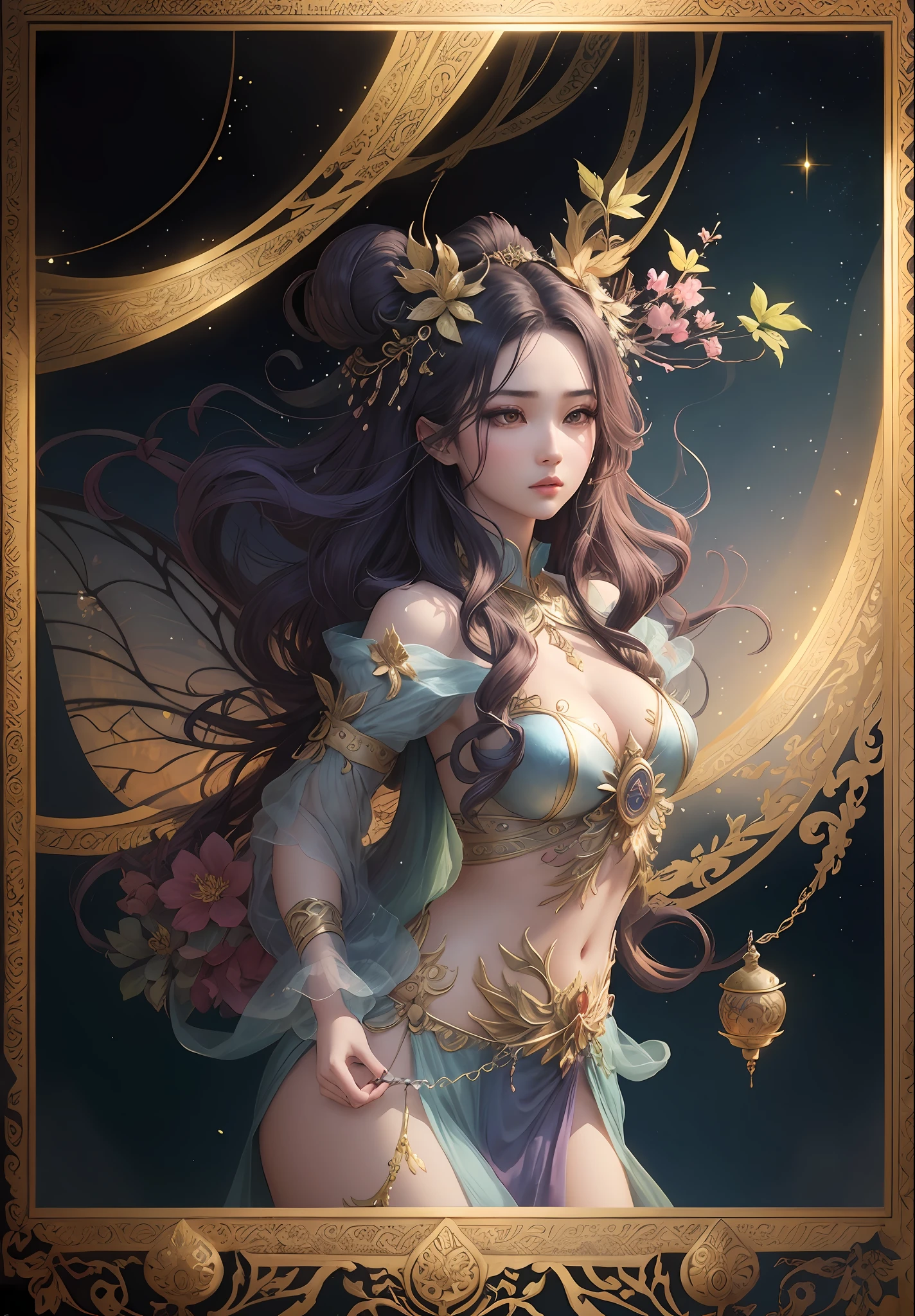 A woman, an oriental mythological figure, with fairy air, mythical colors, beautifully dressed, divine light protective body