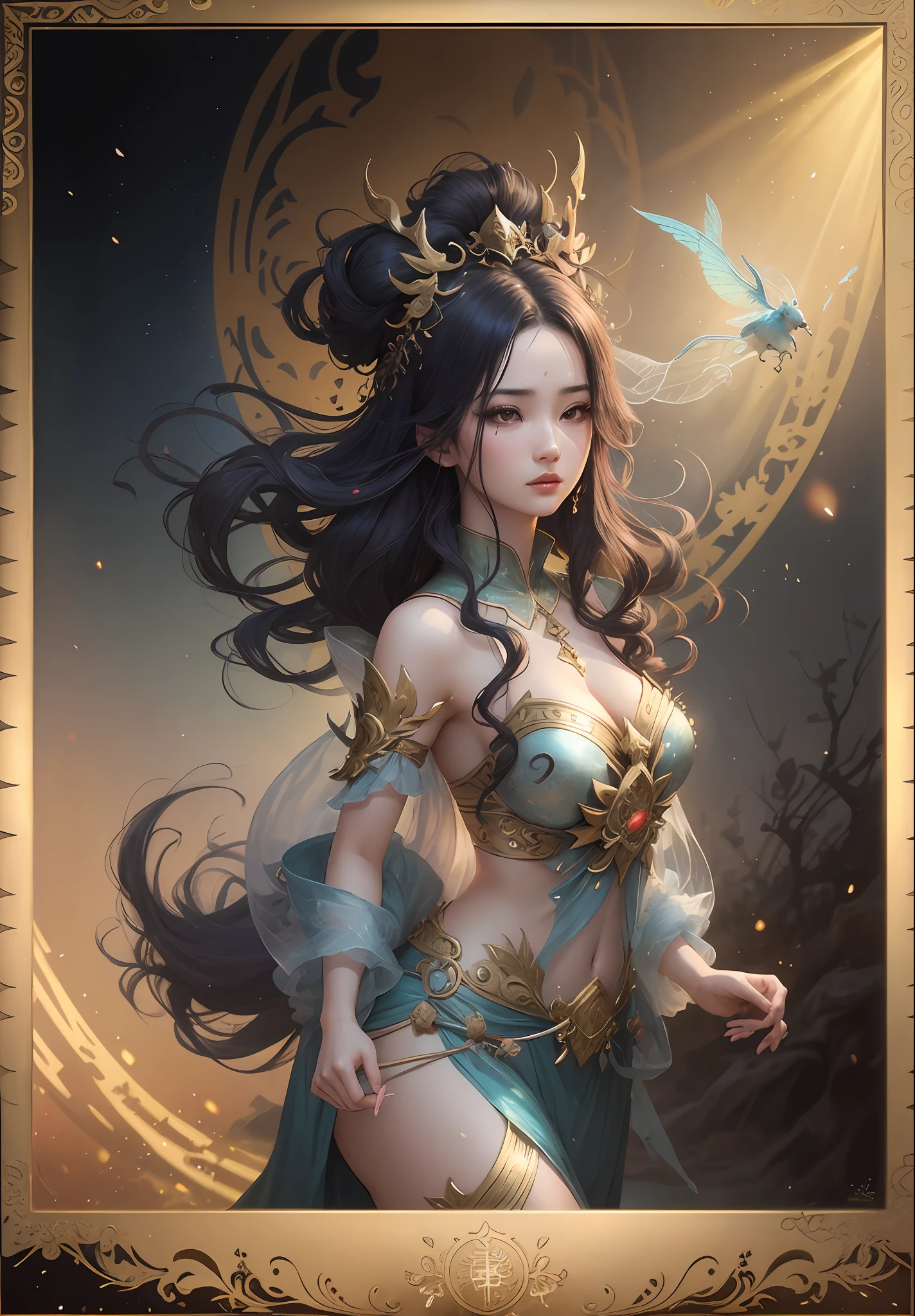 A woman, an oriental mythological figure, with fairy air, mythical colors, beautifully dressed, divine light protective body