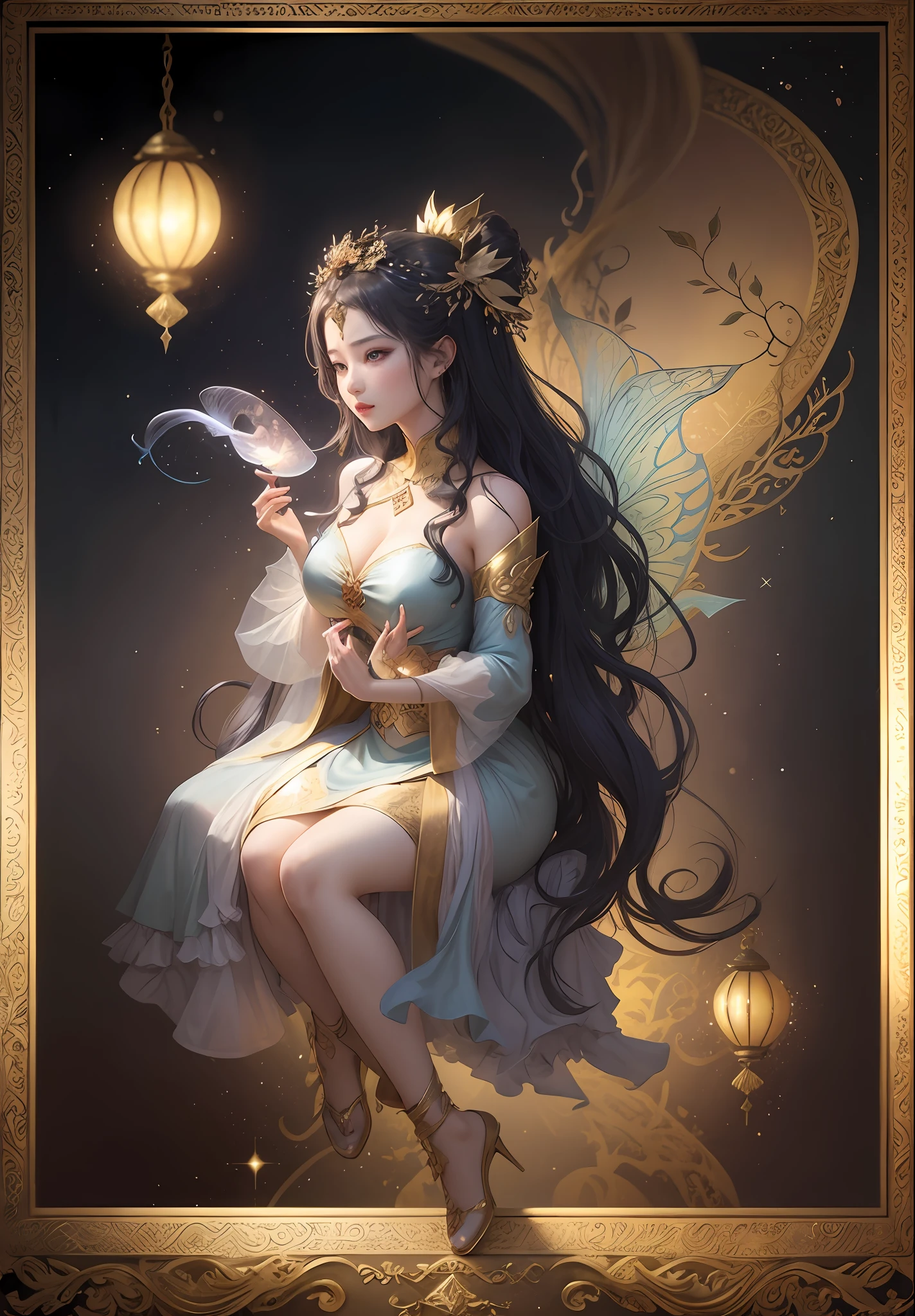 A woman, an oriental mythological figure, with fairy air, mythical colors, beautifully dressed, divine light protective body