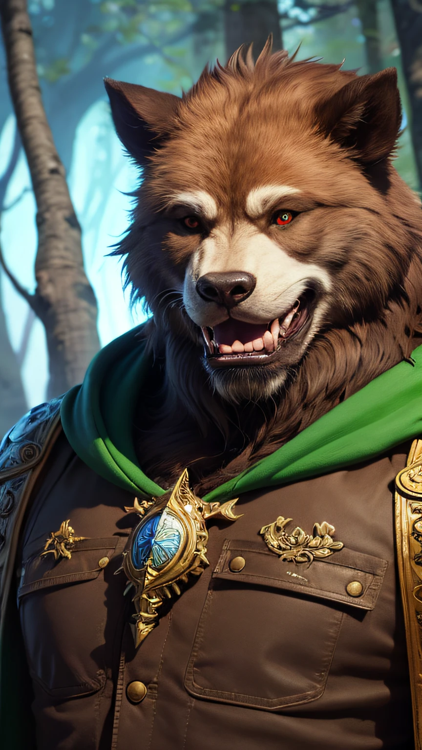 concept art (masterpiece:1.5), intricate details, highly detailed, photorealistic, best quality, highres, portrait of a male, bugbear(fantasy art, Masterpiece, best quality) bugbear,(fantasy art, Masterpiece, best quality) ranger, with a short brown hair, green eyes, (fantasy art, Masterpiece, best quality)armed a gun, wearing a green cloak with in fantasy setting forest at night,