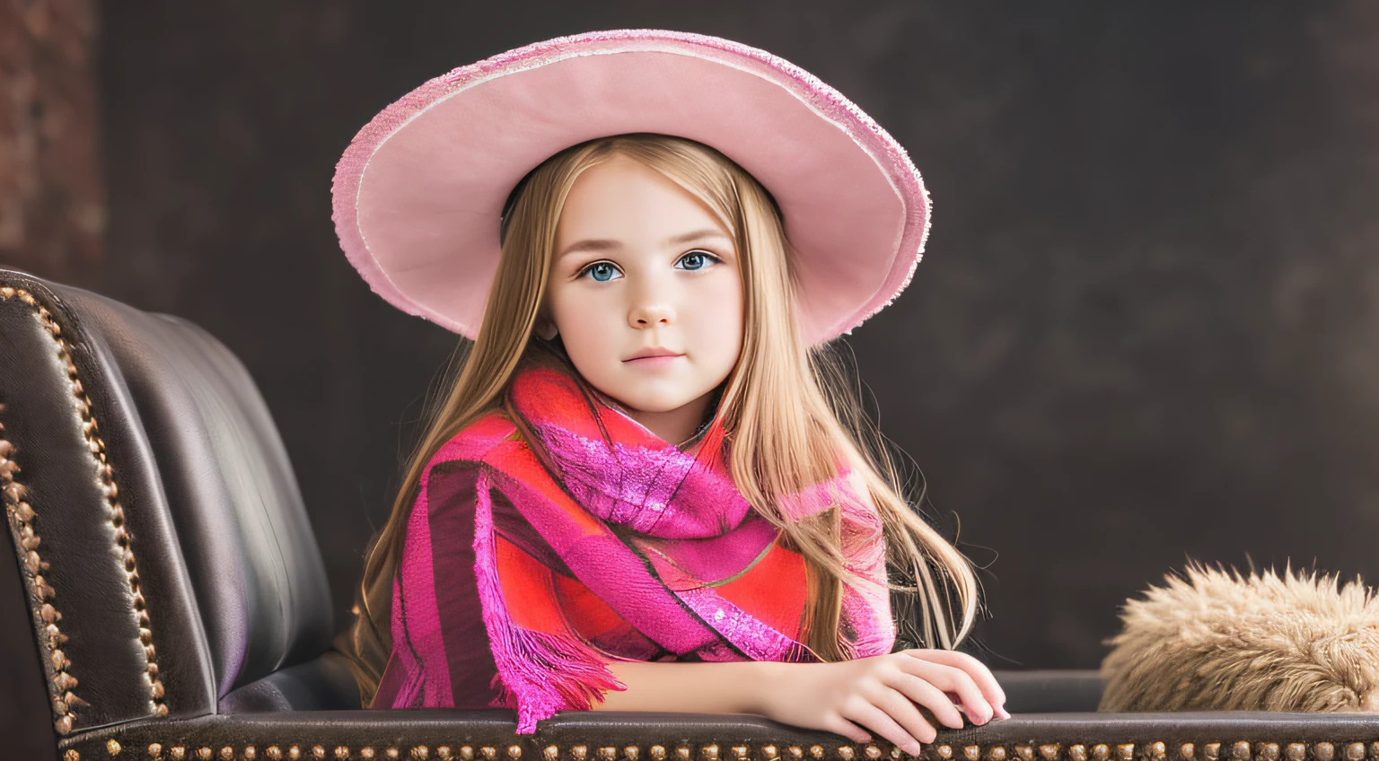 BLONDE CHILD girl,wearing a pink hat and scarf sitting on a black leather chair, photo from a promotional session, promotional photoshoot, young girl, beautiful young model, pink cowboy hat, young teenager, photo shoot, photoshoot, inspired by Toros Roslin, red dress and hat, modeling essay, young and beautiful girl, studio portrait photography,  photoshoot solo