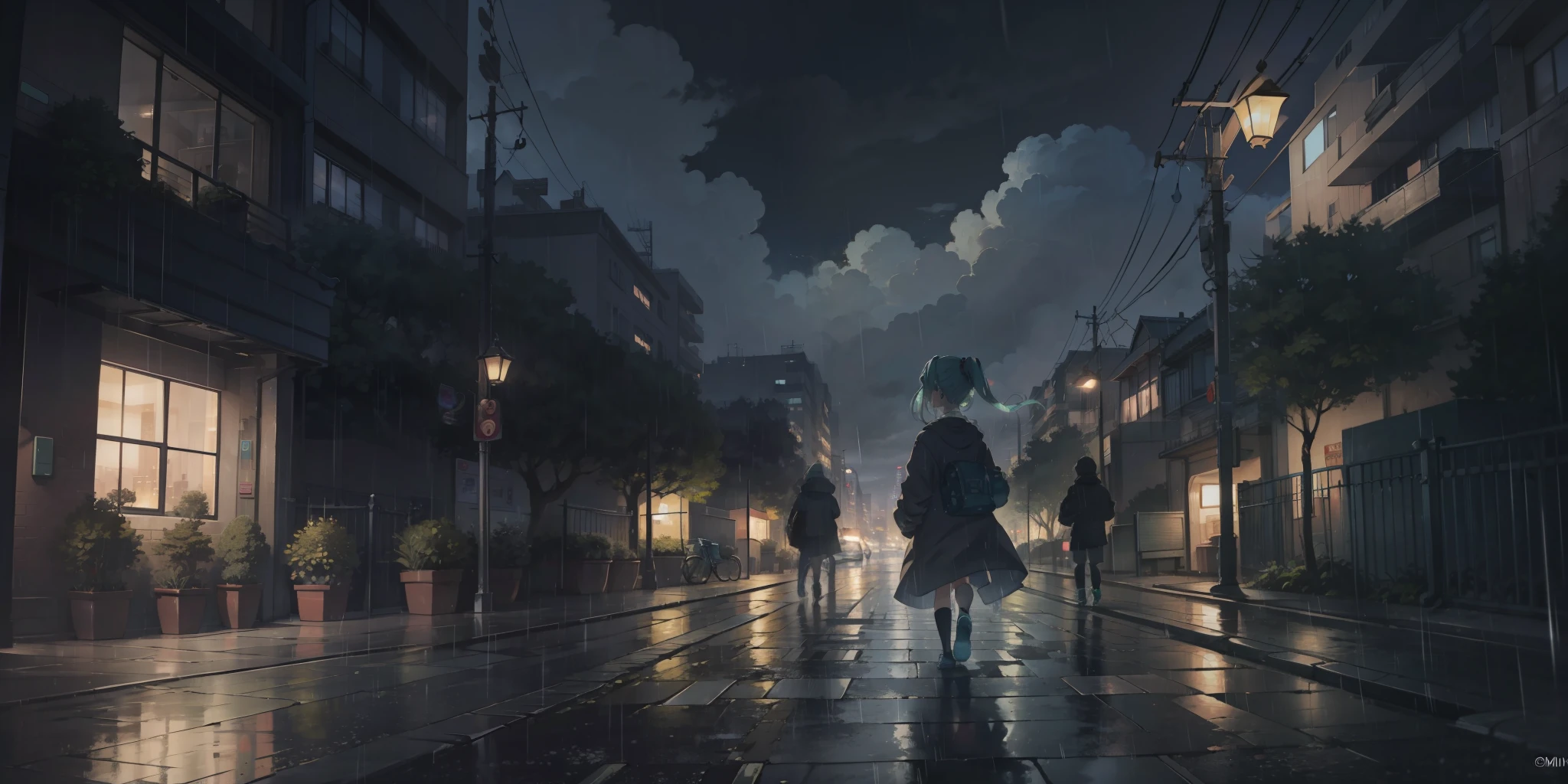 masterpiece, extremely detailed, best quality, (detailed background), 1girl, (solo), BREAK (facing viewer, visible face, face, looking at viewer), (hatsune miku), building, city, cityscape, cloud, cloudy sky, grey sky, outdoors, tree, rain, scenery, sky, (solo), dim, (night), BREAK walking towards viewer, street light, wet, sidewalk, sad, twintails