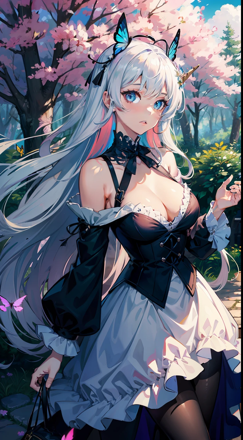 RAW photo of,photorealistic,best qality,MasterPiece,,illustration,extremely detailed,CG,Unification,8kwallpaper,Amazing,Finely detail,MasterPiece,,best qality,official arts,extremely detailed CG unity 8k wallpaper,absurds,unbelievably ridiculous,Huge File Size,Ultra-Detailed,Hi-Res,extremely detailed,1 girl,Perfect face,Perfect eyes.,gradation hair,multicolored hair,White colorful hair,Medium chest,fantastical forest,with towering trees and twisting vines. The sky is a soft shade of pink,and butterflies flit about,adding to the whimsy of the scene. in the foreground,a pair of unicorns stand gracefully,their manes blowing in the gentle breeze. A group of fairies flit about,Wherever they go,can spread magic.,Dynamic Angles,