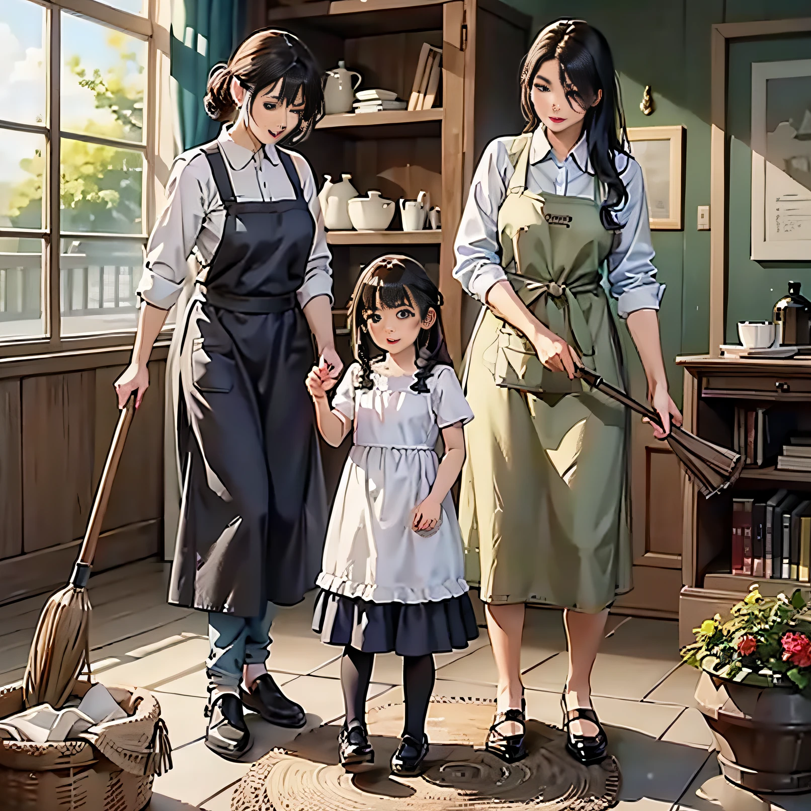 Older mom,Older,maturedfemale,Middle-aged woman,At home,Apron clothes,normal clothes,naive,scavenging,Take a broom,Full front body