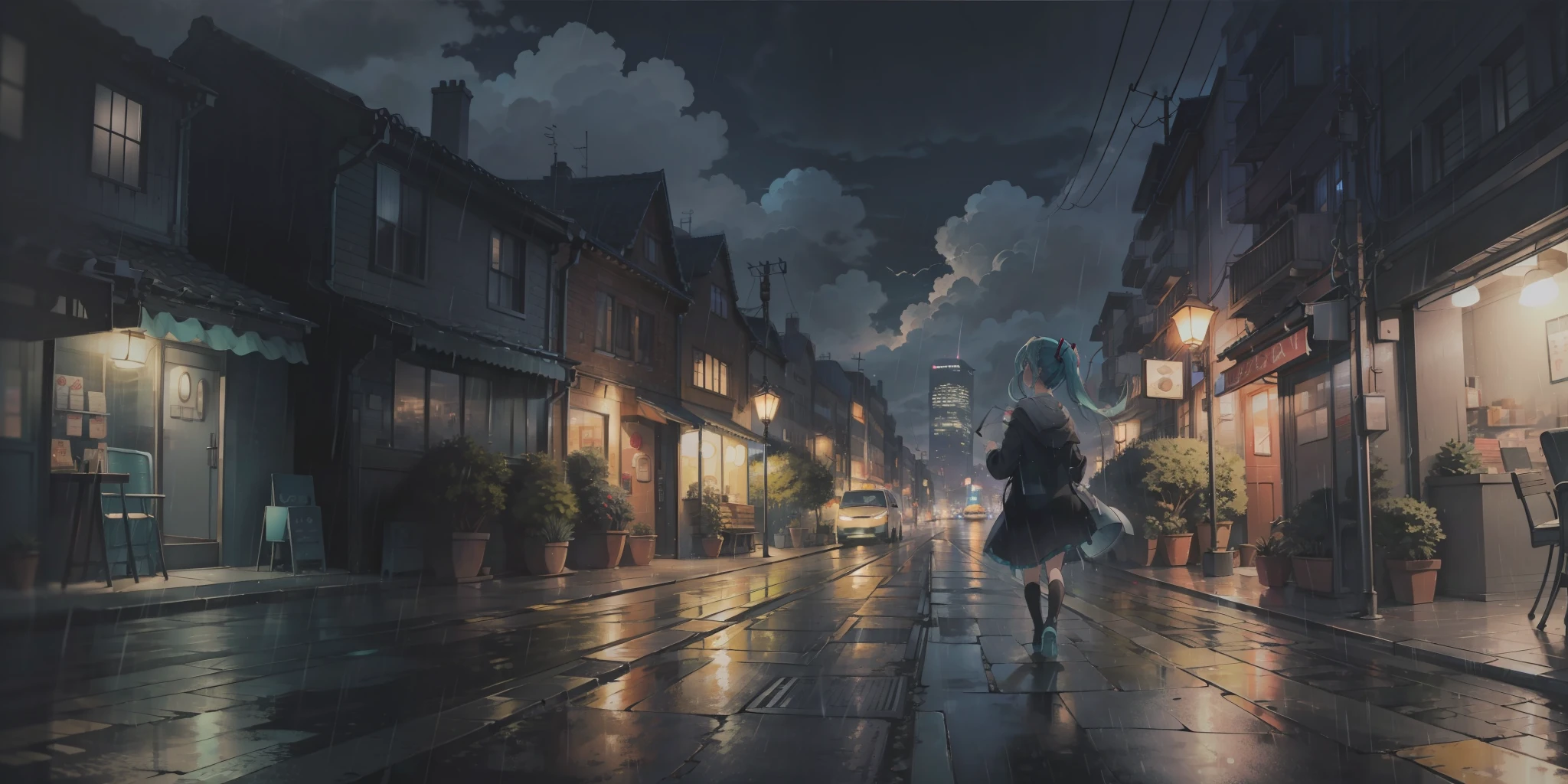 masterpiece, extremely detailed, best quality, (detailed background), 1girl, (solo), BREAK (facing viewer, visible face, face, looking at viewer), (hatsune miku), building, city, cityscape, cloud, cloudy sky, grey sky, outdoors, tree, rain, scenery, sky, (solo), dim, (night), BREAK walking towards viewer, street light, wet, sidewalk, sad, twintails
